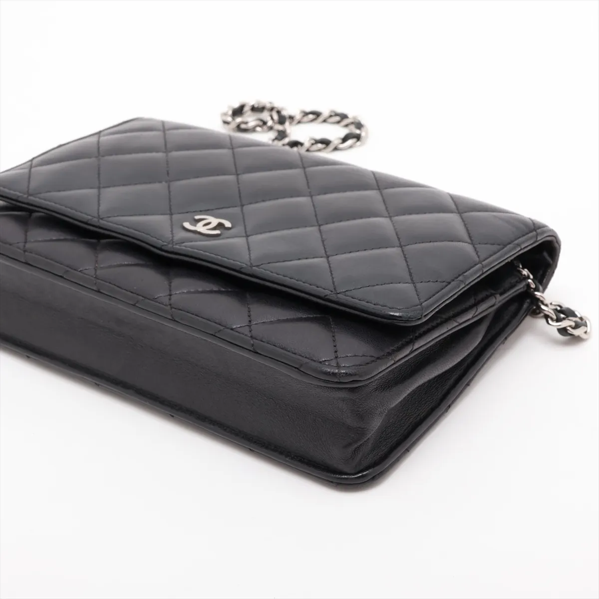 Matelassé Lambskin Chain Wallet, Black with Silver Hardware, 25442735, Serial Number , AP0250 — view 3