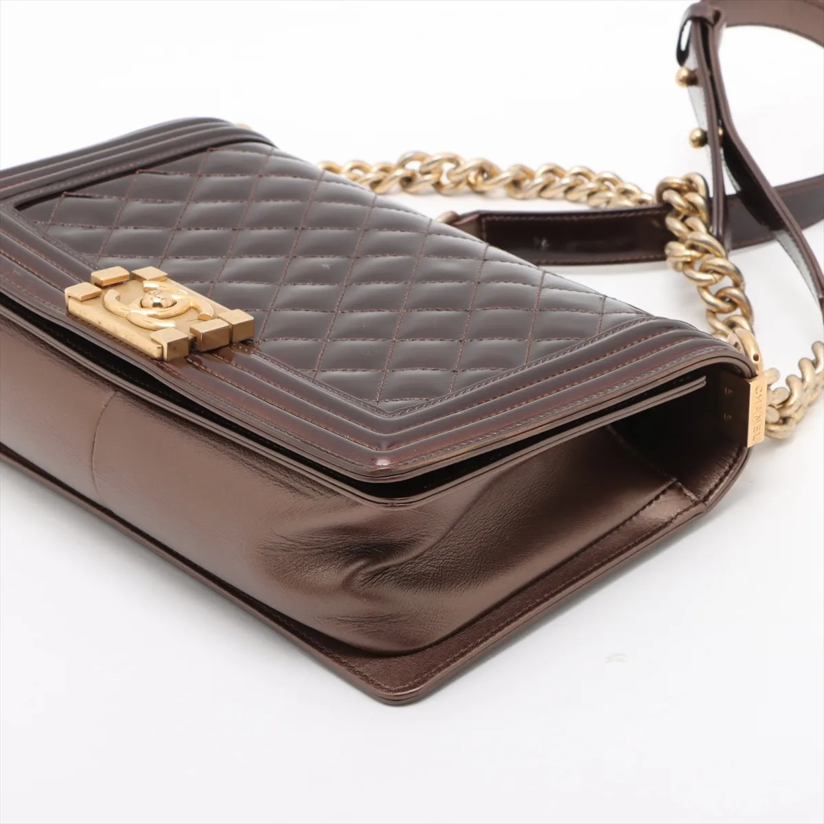 Boy Chanel 25 Patent Leather Chain Shoulder Bag Brown Gold Hardware 21660762 21st Series A67086 — view 3