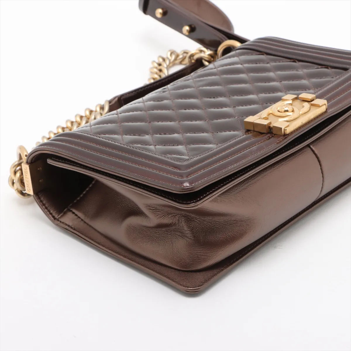 Boy Chanel 25 Patent Leather Chain Shoulder Bag Brown Gold Hardware 21660762 21st Series A67086 — view 4