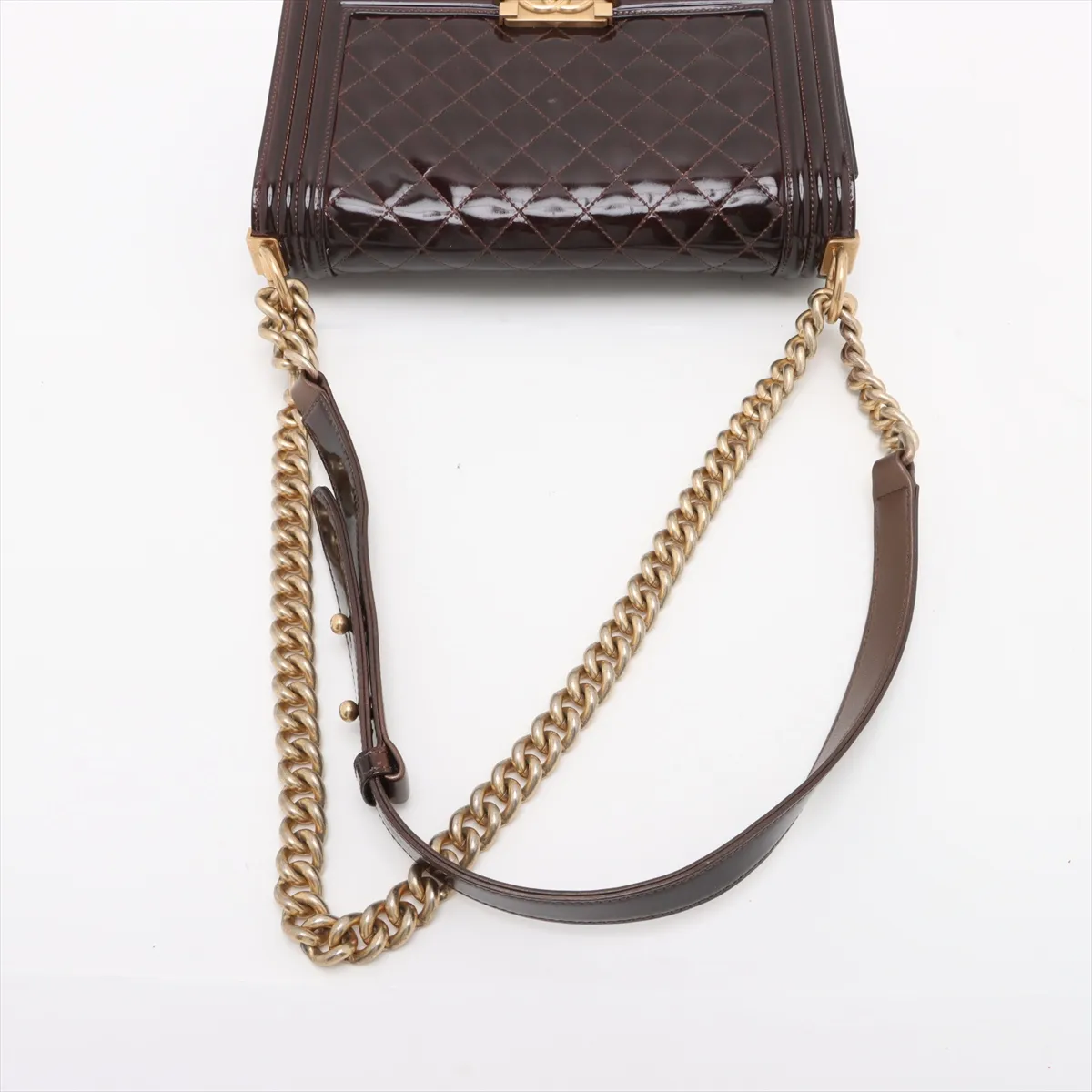 Boy Chanel 25 Patent Leather Chain Shoulder Bag Brown Gold Hardware 21660762 21st Series A67086 — view 5