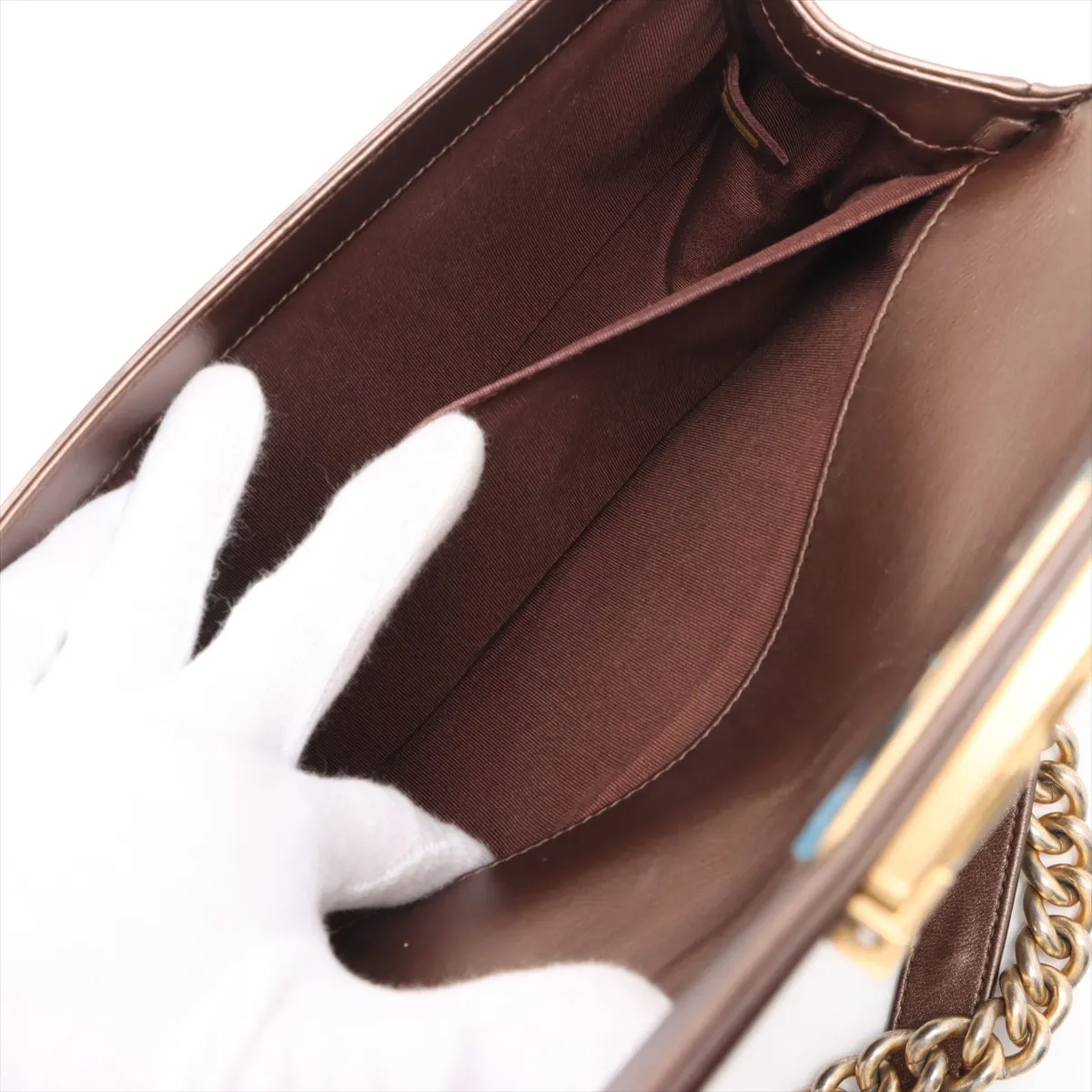 Boy Chanel 25 Patent Leather Chain Shoulder Bag Brown Gold Hardware 21660762 21st Series A67086 — view 8