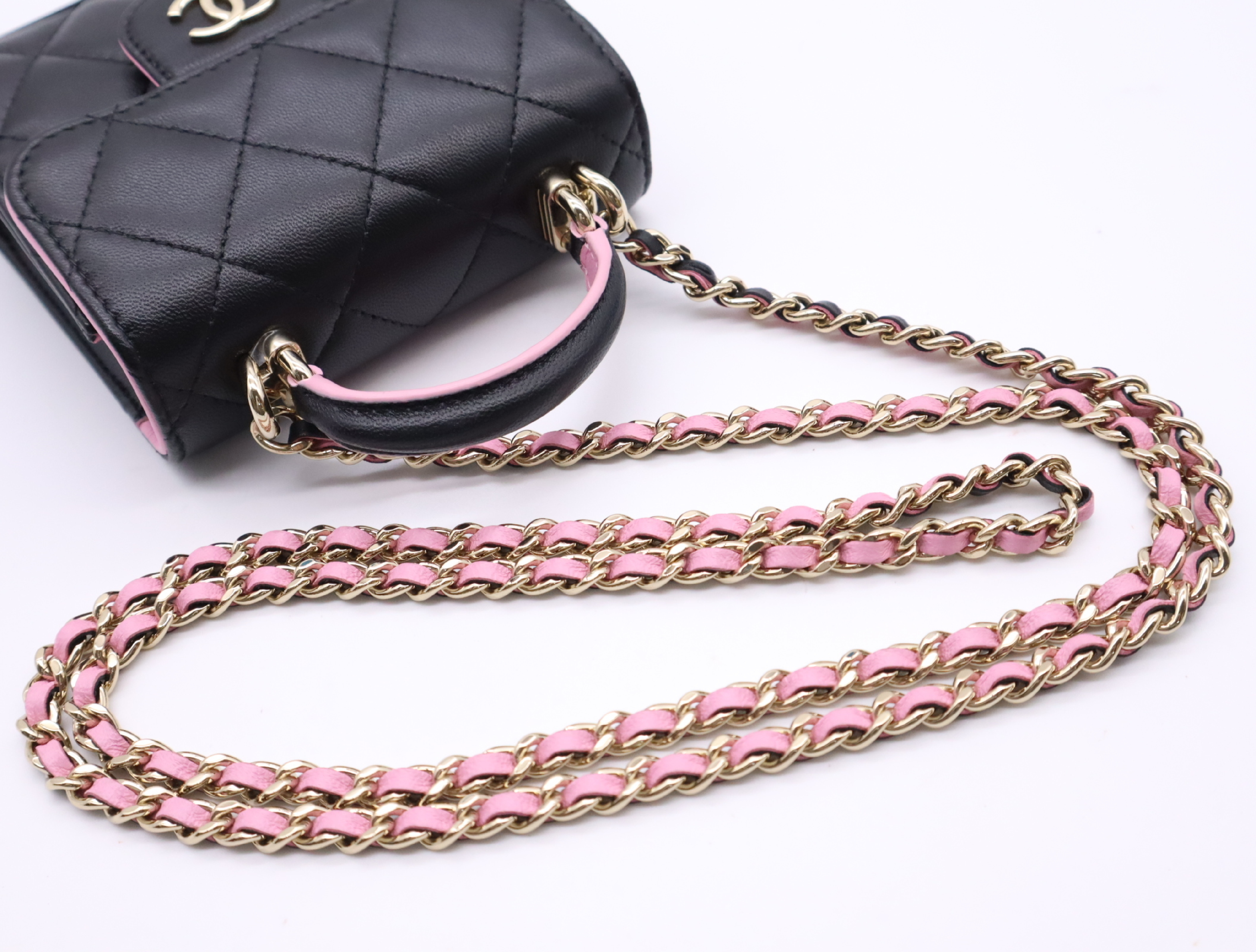 AP2682 Lambskin Mini Matelassé Chain Shoulder Bag, Black/Pink with Gold Hardware, Dust Bag, Box, and Original Seal, U24N678A Shoulder Bag — view 10