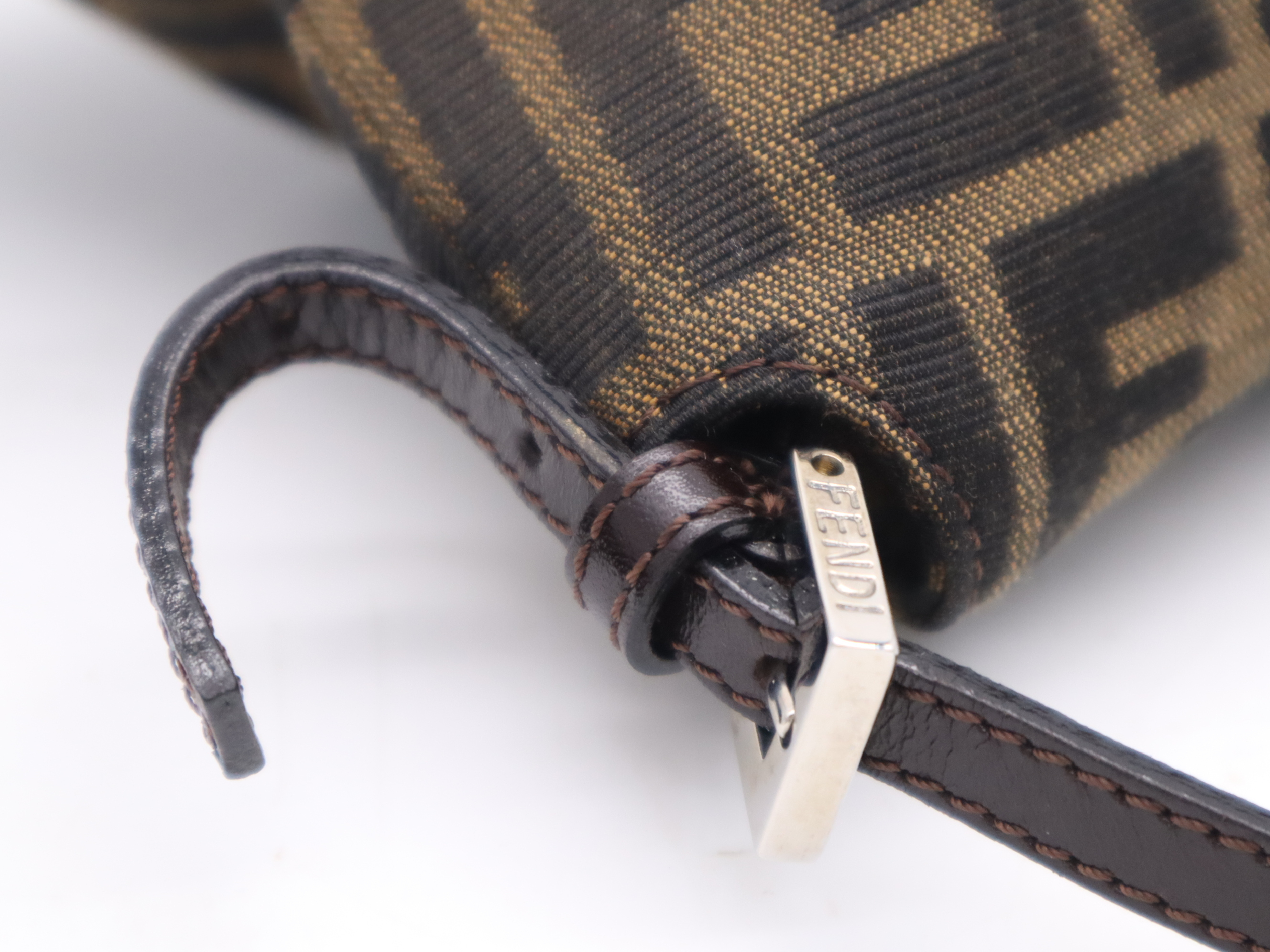 Canvas x Leather Zucca Mamma Bucket Brown Silver Hardware Handbag — view 7