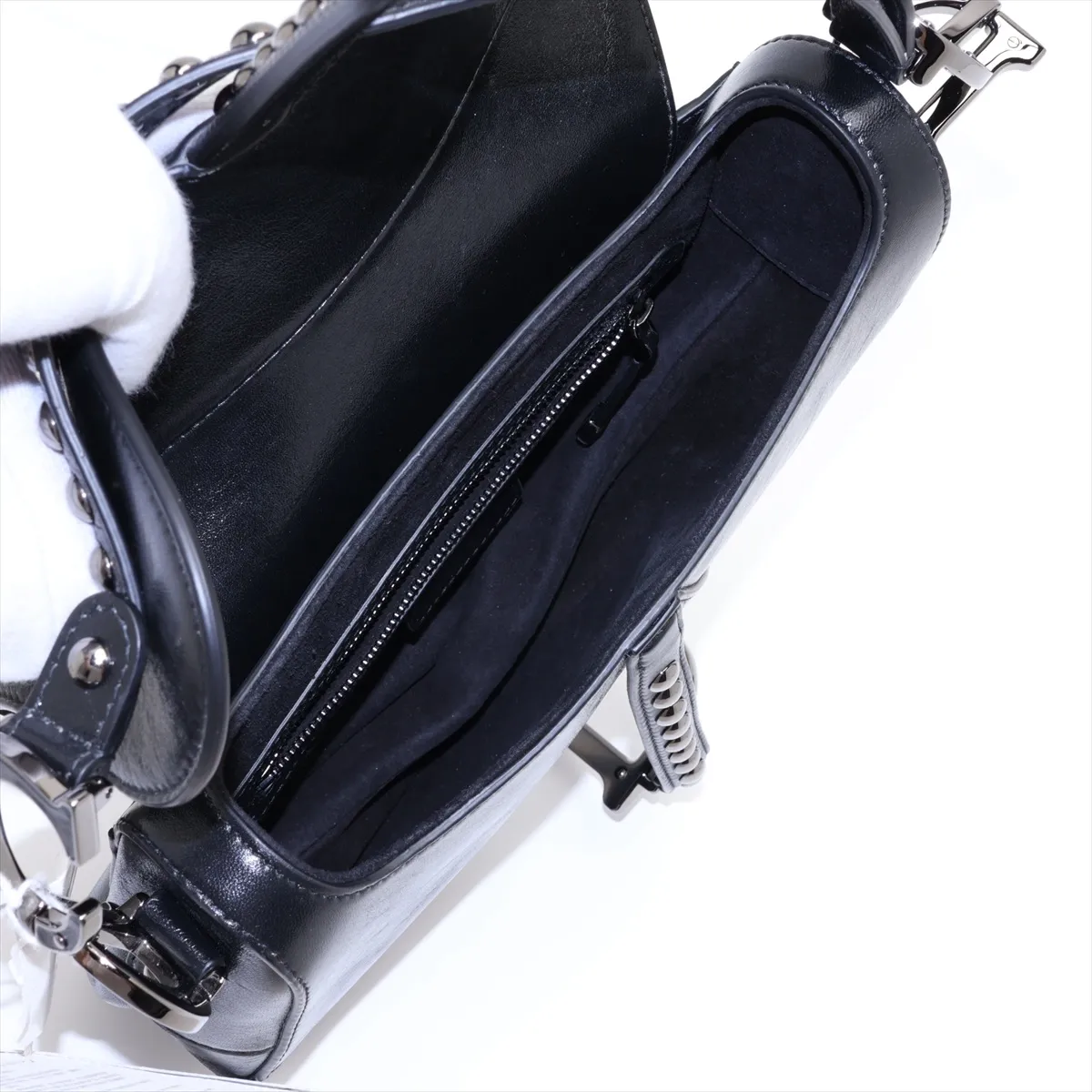 Saddle Leather x Studs 2-Way Handbag, Black — view 8