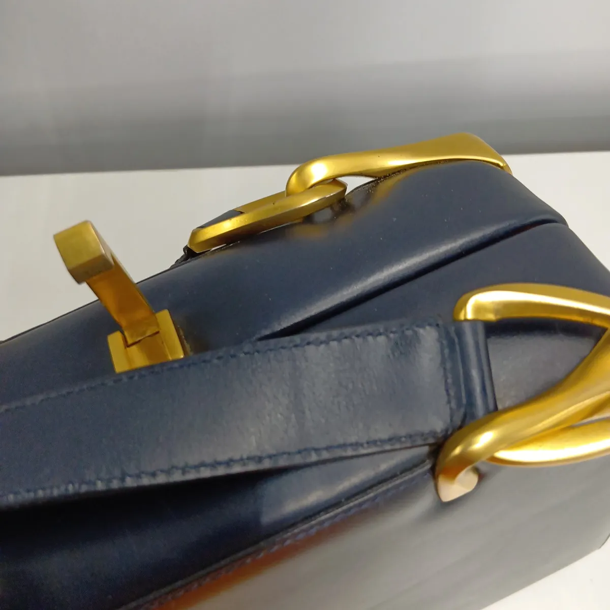 Vintage Leather Shoulder Bag, Navy — view 14