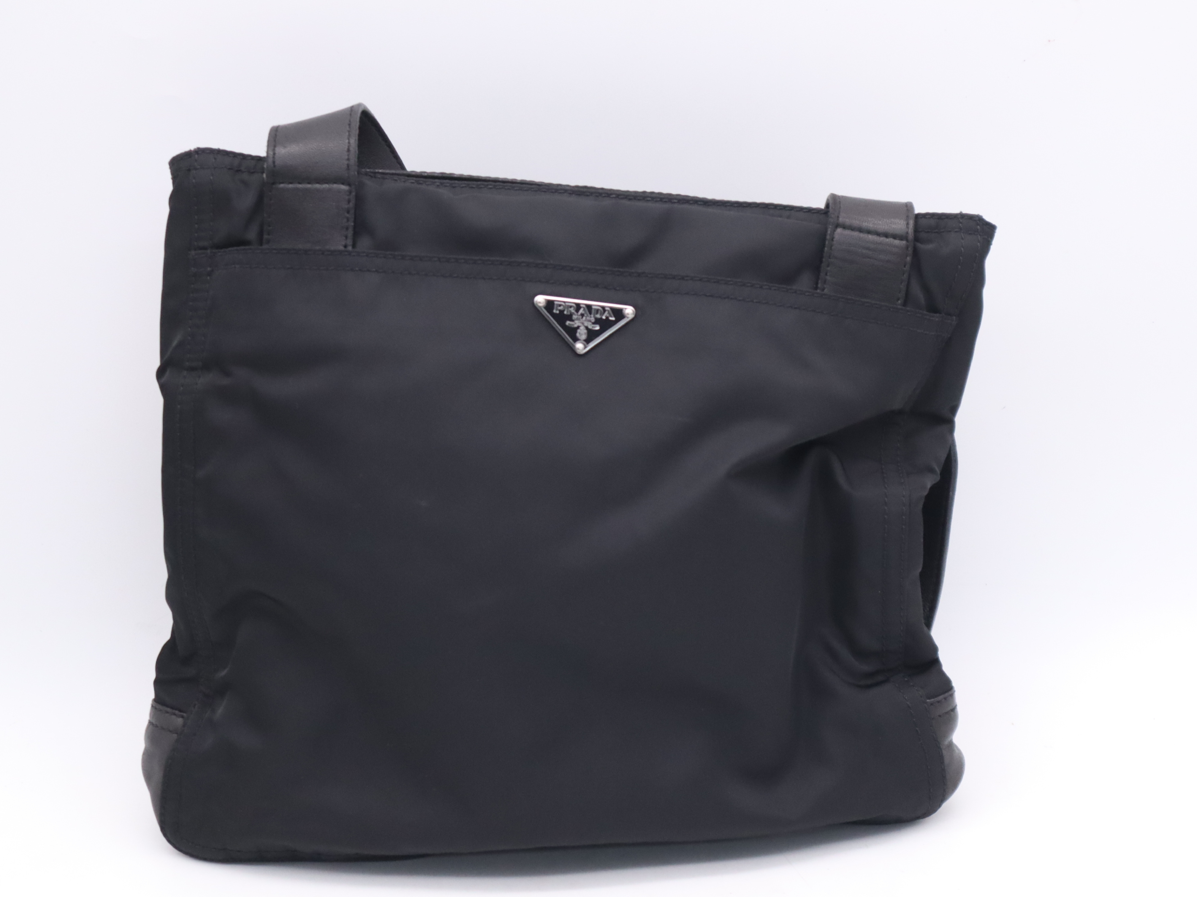 Nylon Triangle Logo Shoulder Bag, Black with Silver Hardware, Card Included. — view 2