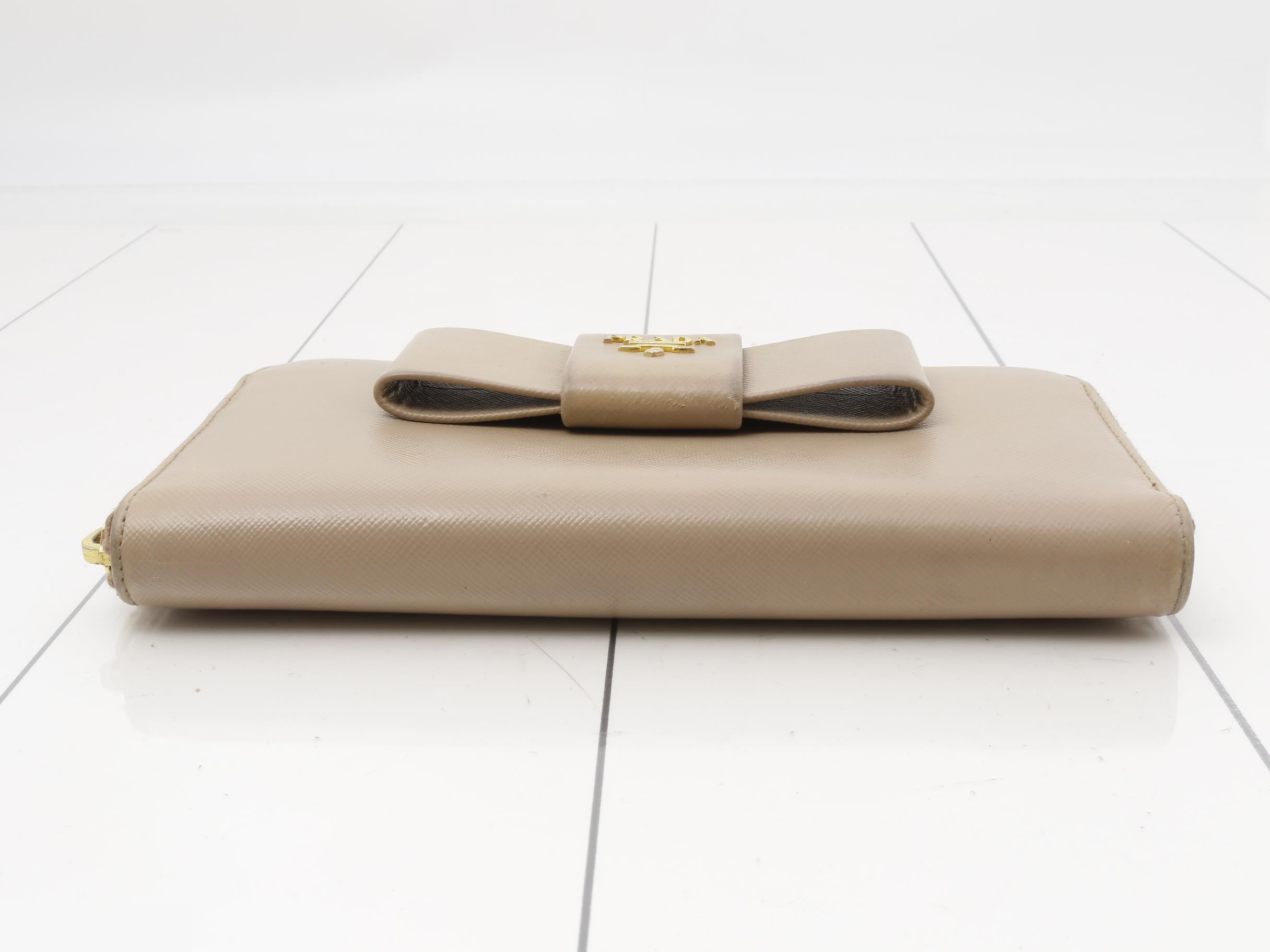 Saffiano Leather Long Wallet with Ribbon, Pink Beige — view 3