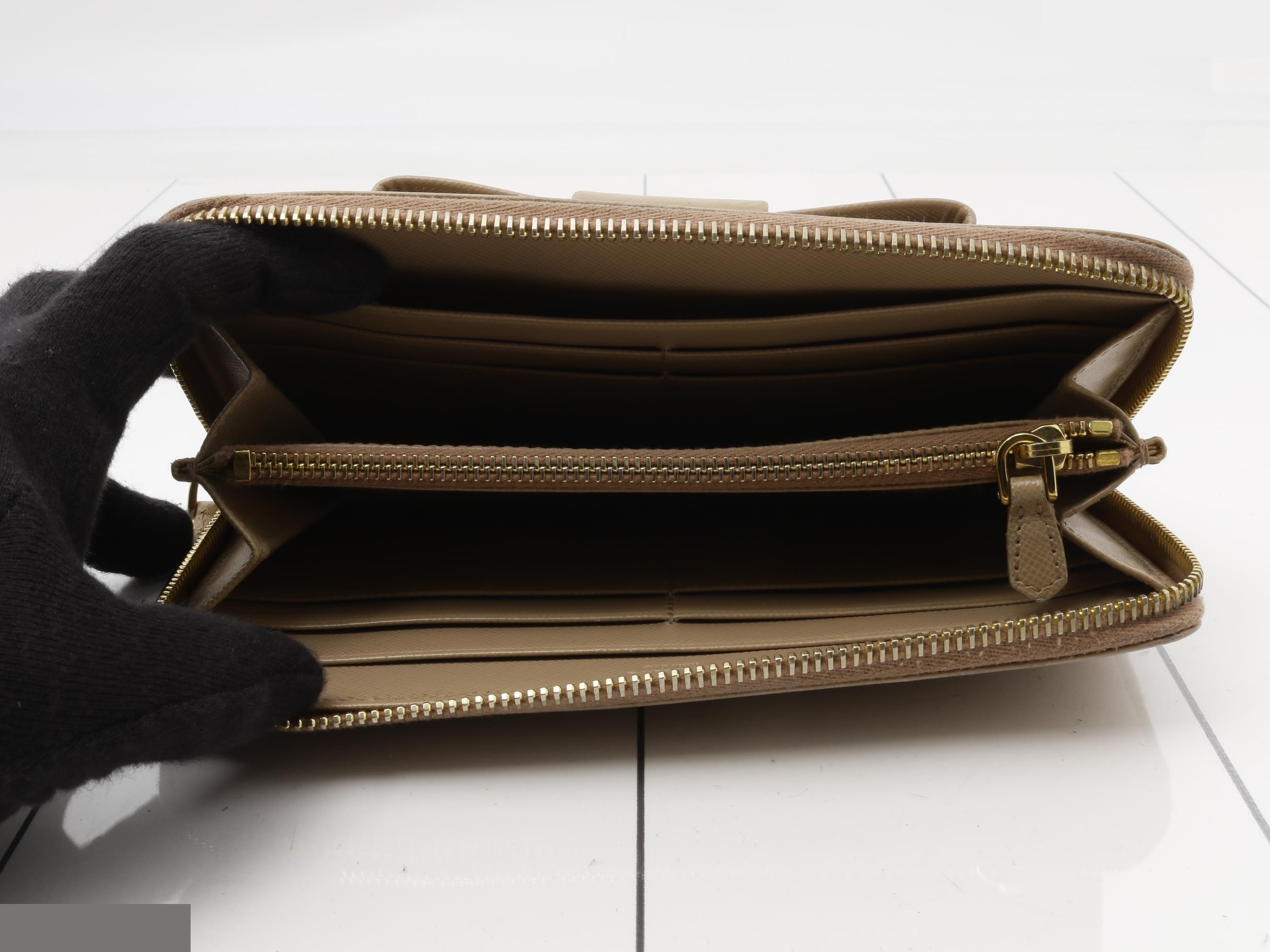Saffiano Leather Long Wallet with Ribbon, Pink Beige — view 4