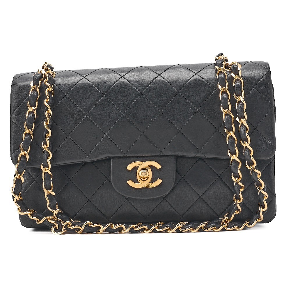 Lambskin Matelassé Double Flap 23cm Chain Shoulder Bag, Black