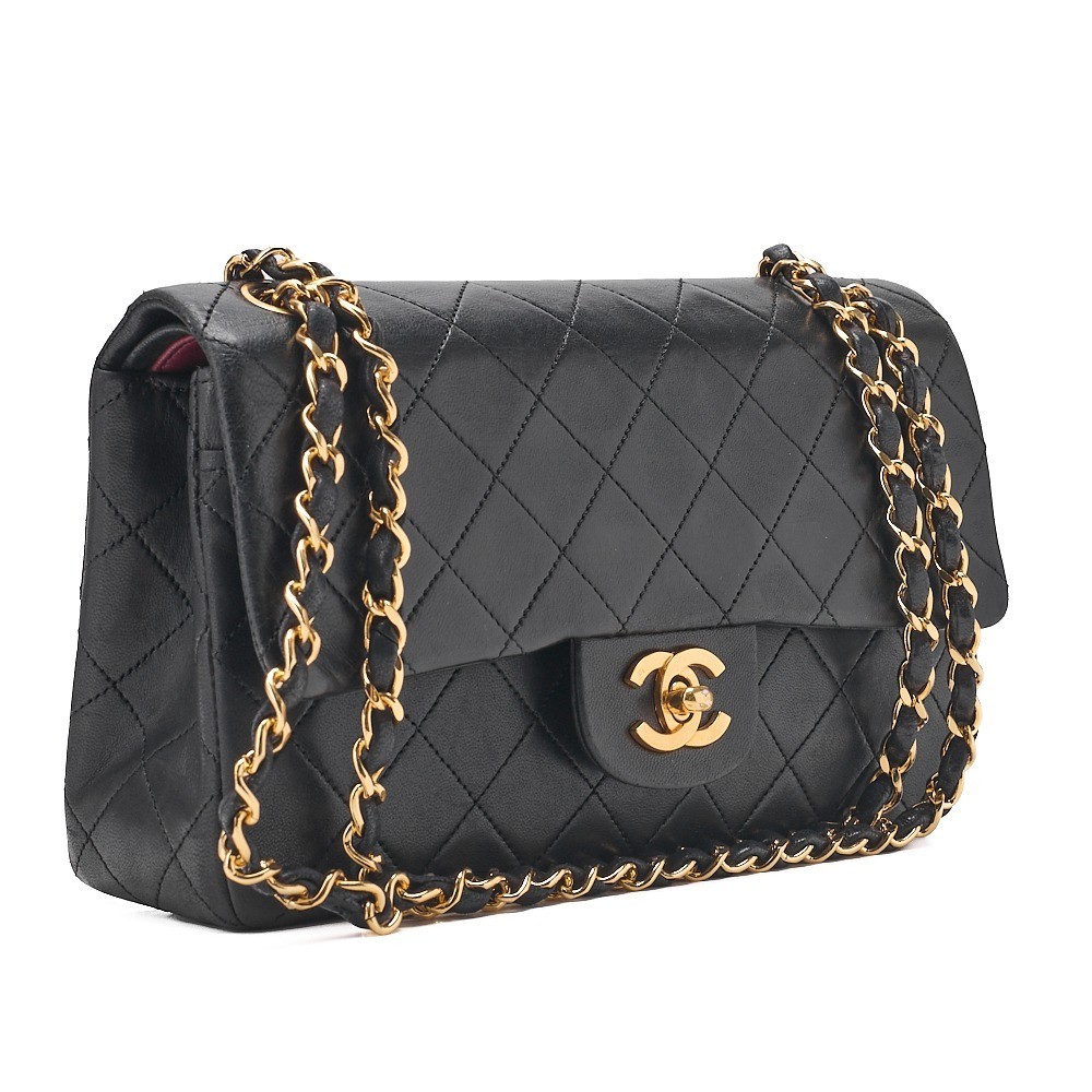 Lambskin Matelassé Double Flap 23cm Chain Shoulder Bag, Black — view 3