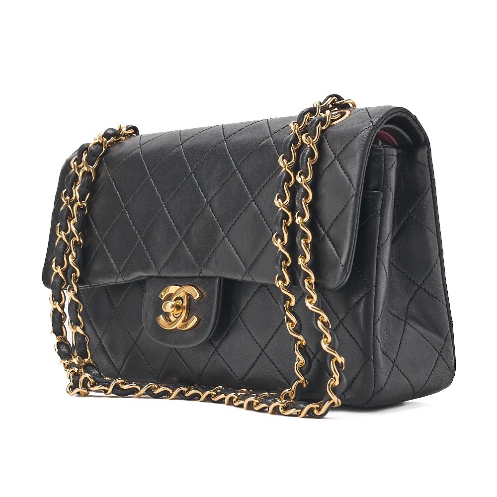 Lambskin Matelassé Double Flap 23cm Chain Shoulder Bag, Black — view 4
