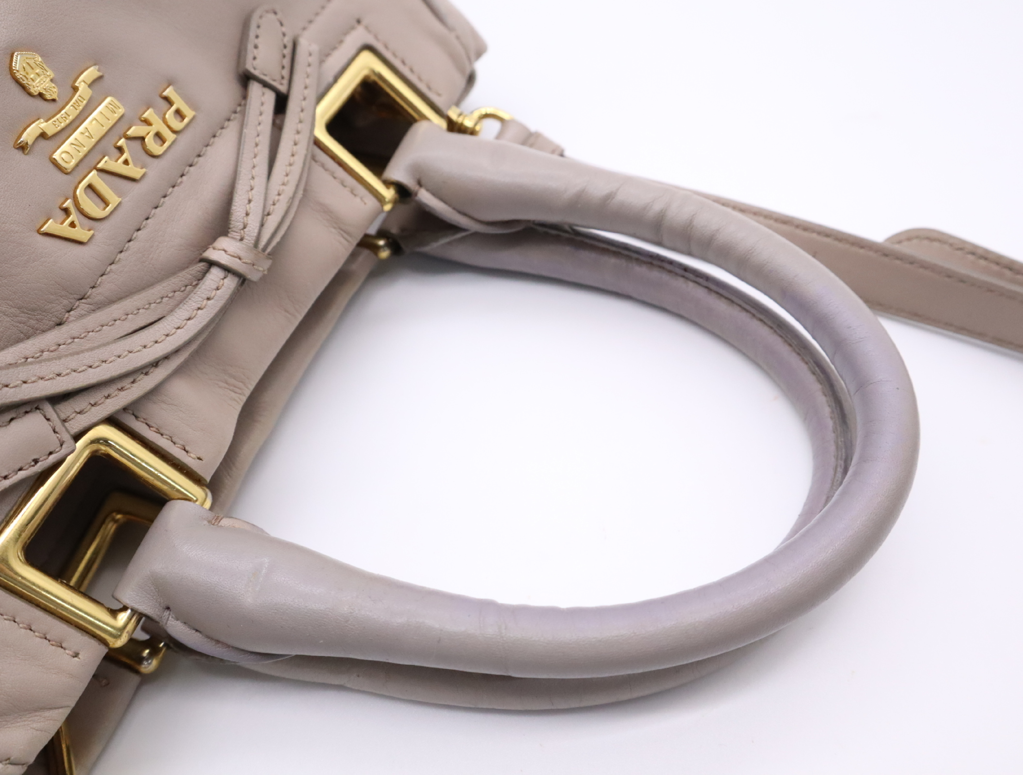 Leather 2-Way Handbag, Gray Beige, Gold Hardware, with Shoulder Strap — view 11