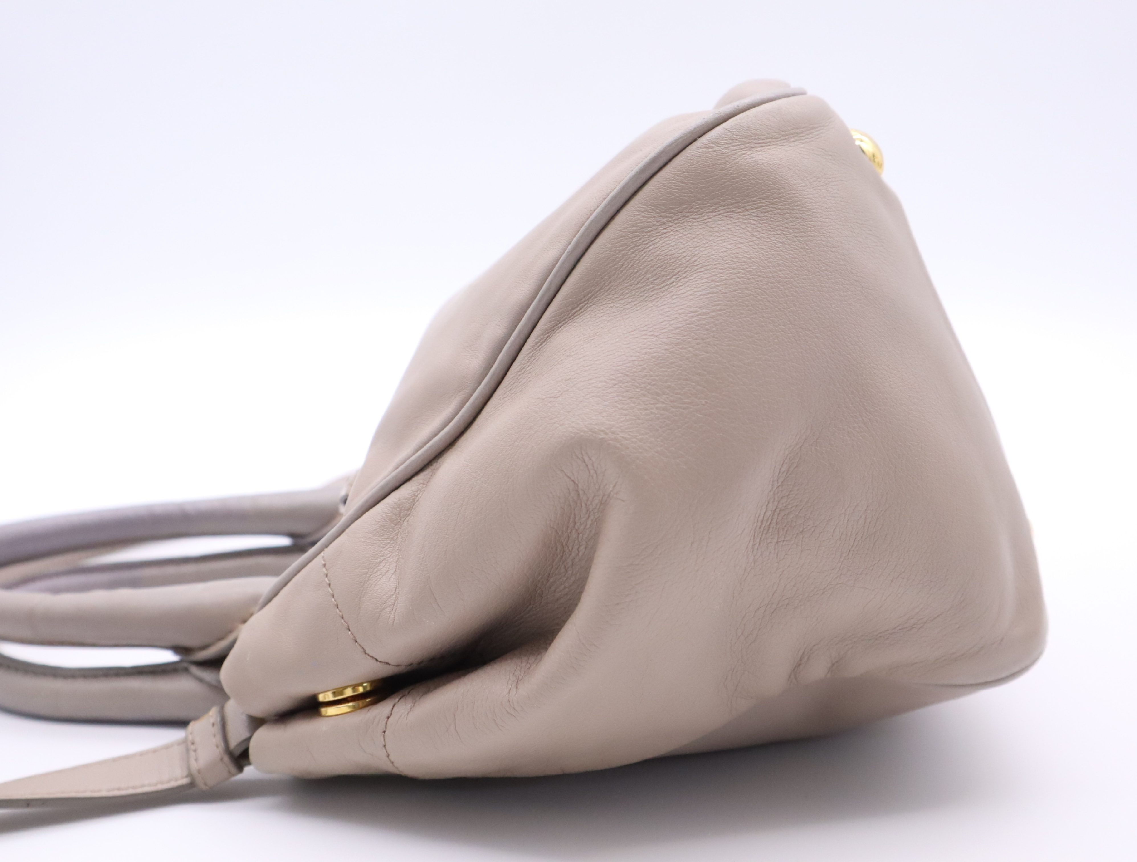 Leather 2-Way Handbag, Gray Beige, Gold Hardware, with Shoulder Strap — view 3