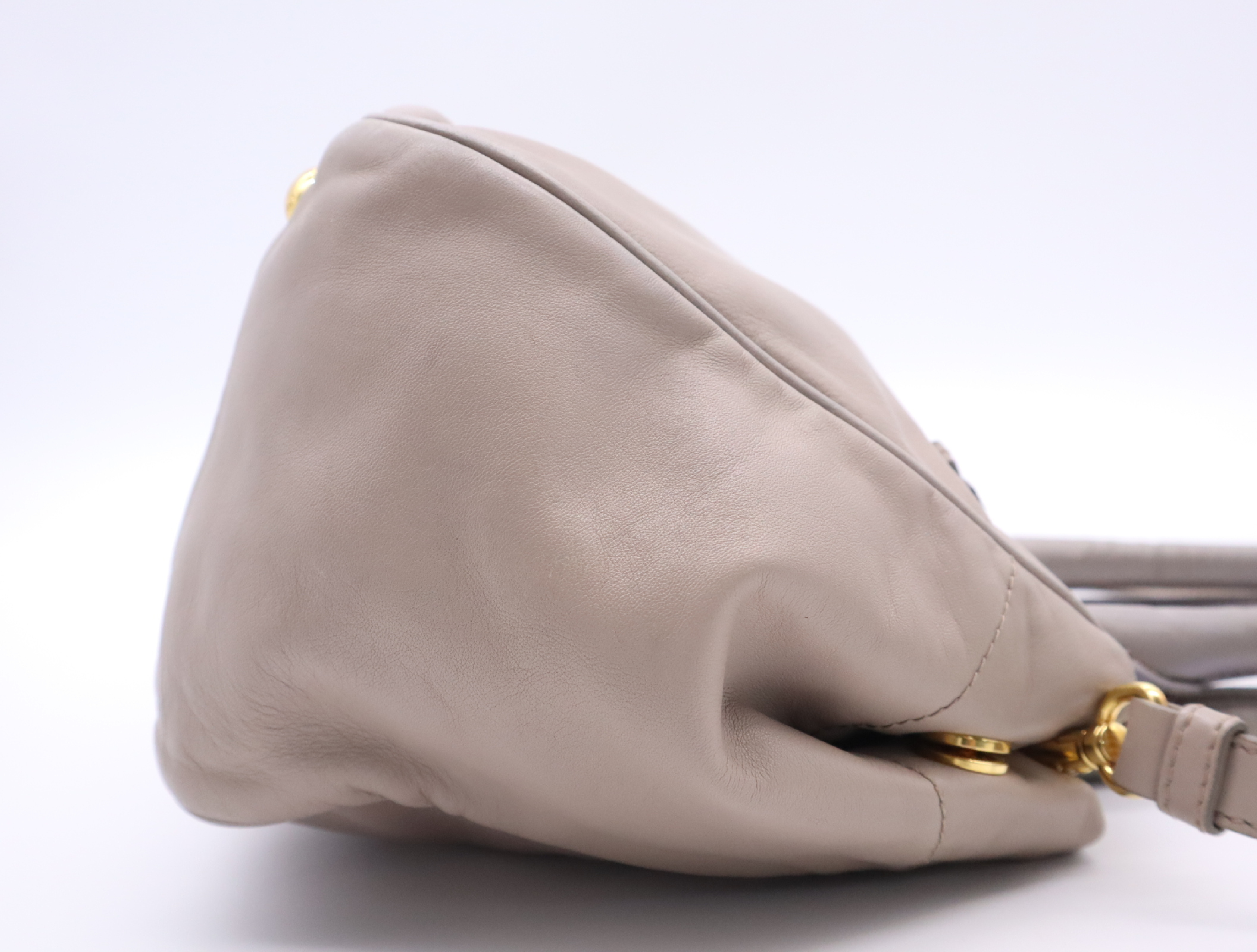 Leather 2-Way Handbag, Gray Beige, Gold Hardware, with Shoulder Strap — view 5