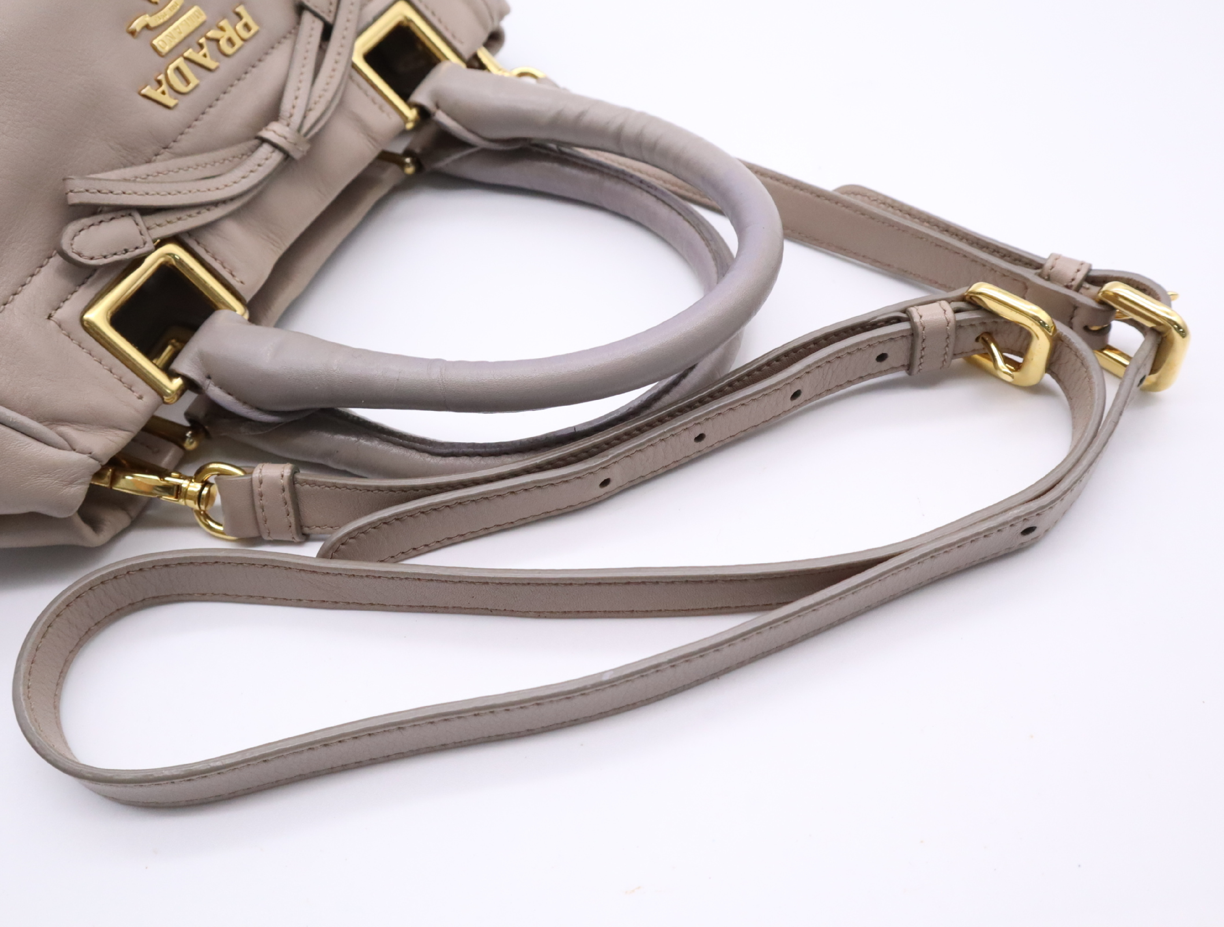 Leather 2-Way Handbag, Gray Beige, Gold Hardware, with Shoulder Strap — view 10