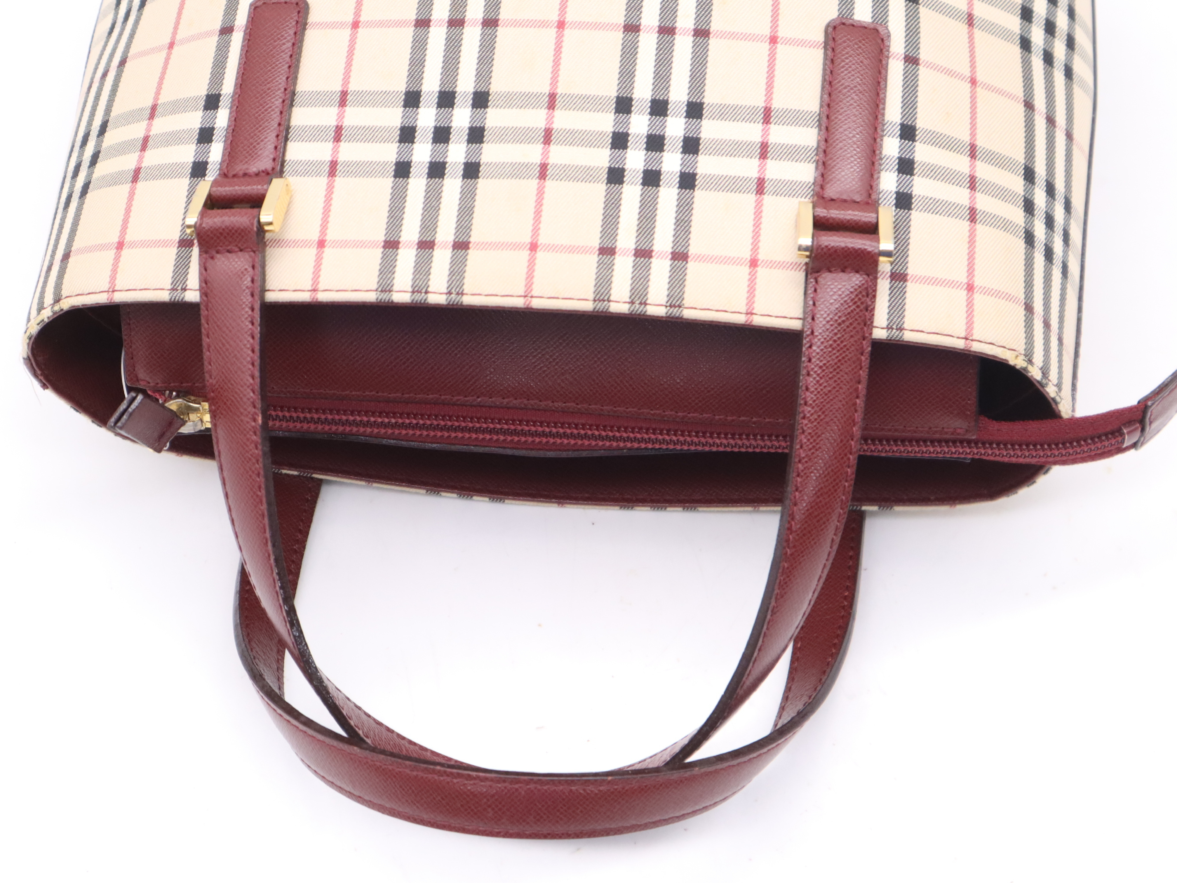 Canvas/Leather Nova Check Handbag, Beige/Bordeaux, Gold Hardware — view 6