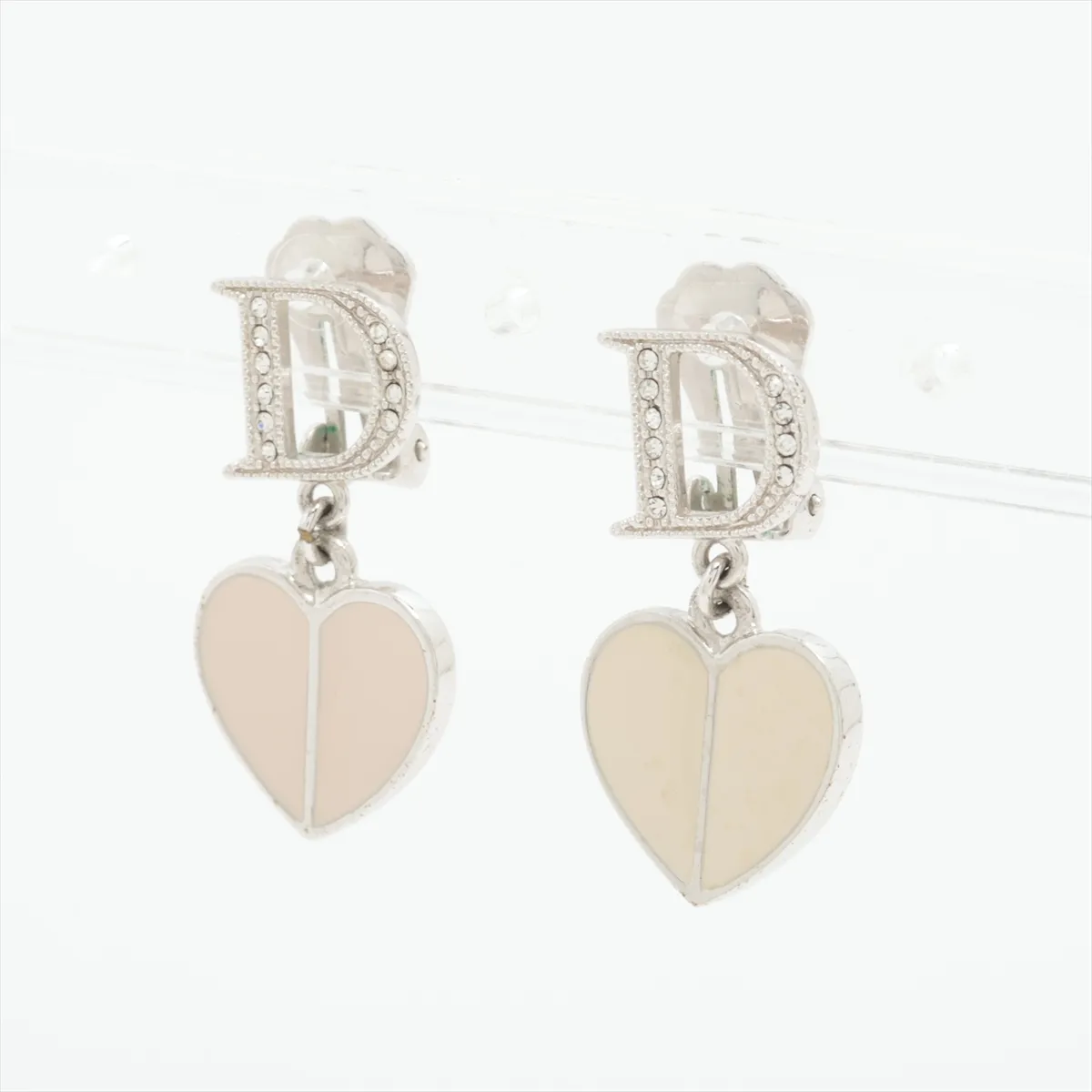 D-logo earrings (for both ears), metal and rhinestone, silver. Shows signs of wear, — view 3