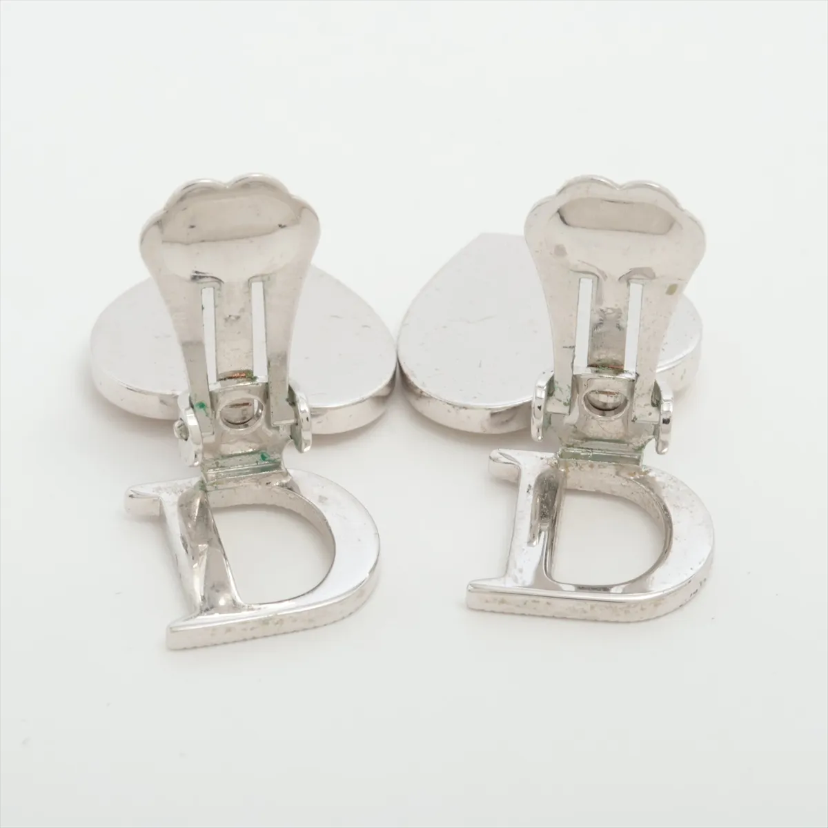 D-logo earrings (for both ears), metal and rhinestone, silver. Shows signs of wear, — view 4