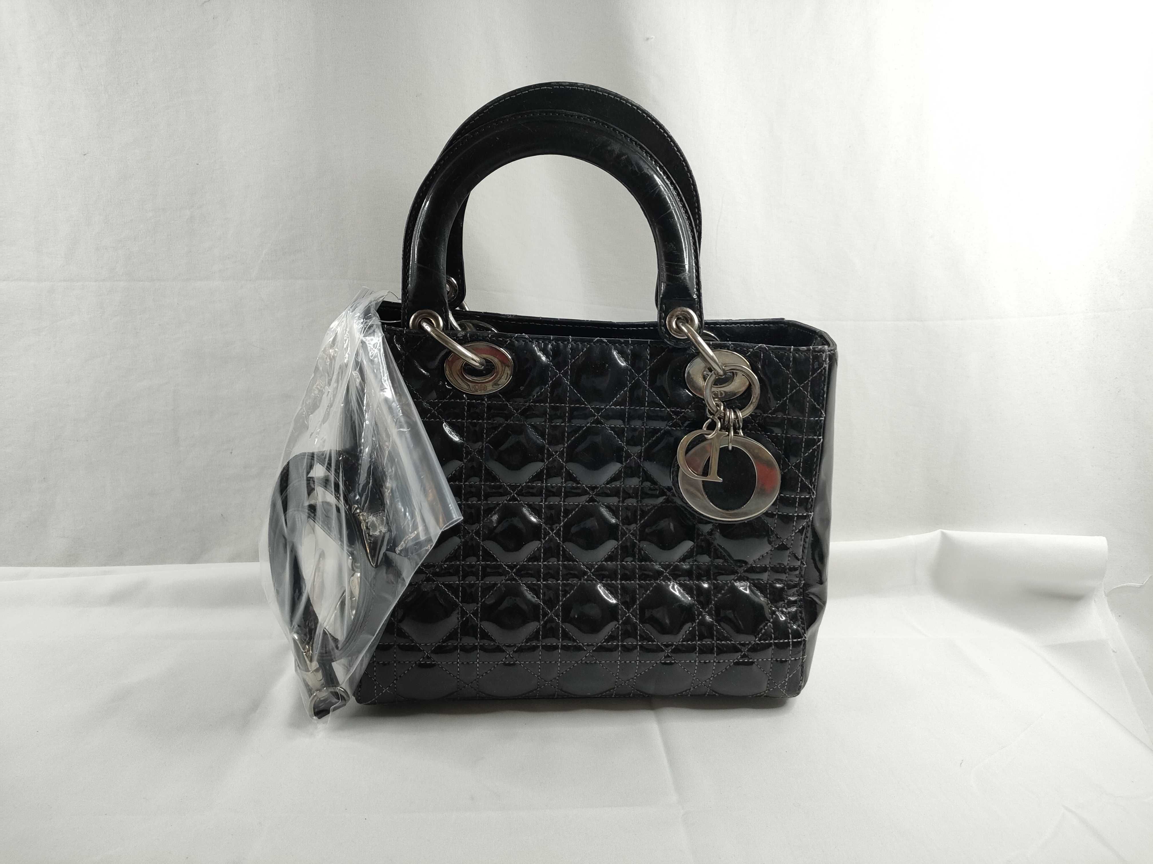 Lady Dior Christian Lady Patent Black Silver Handbag