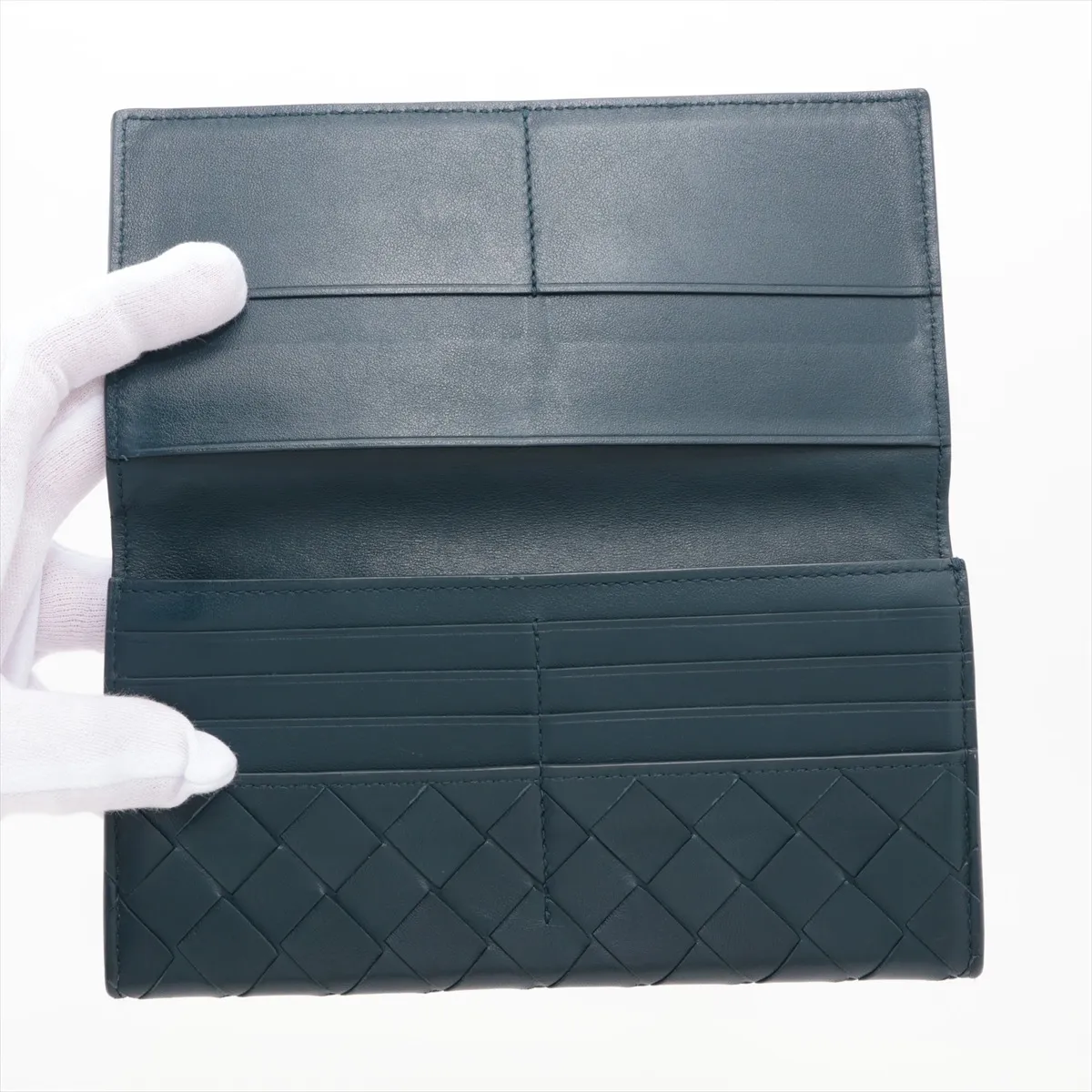 Intrecciato Leather Long Wallet, Green — view 3