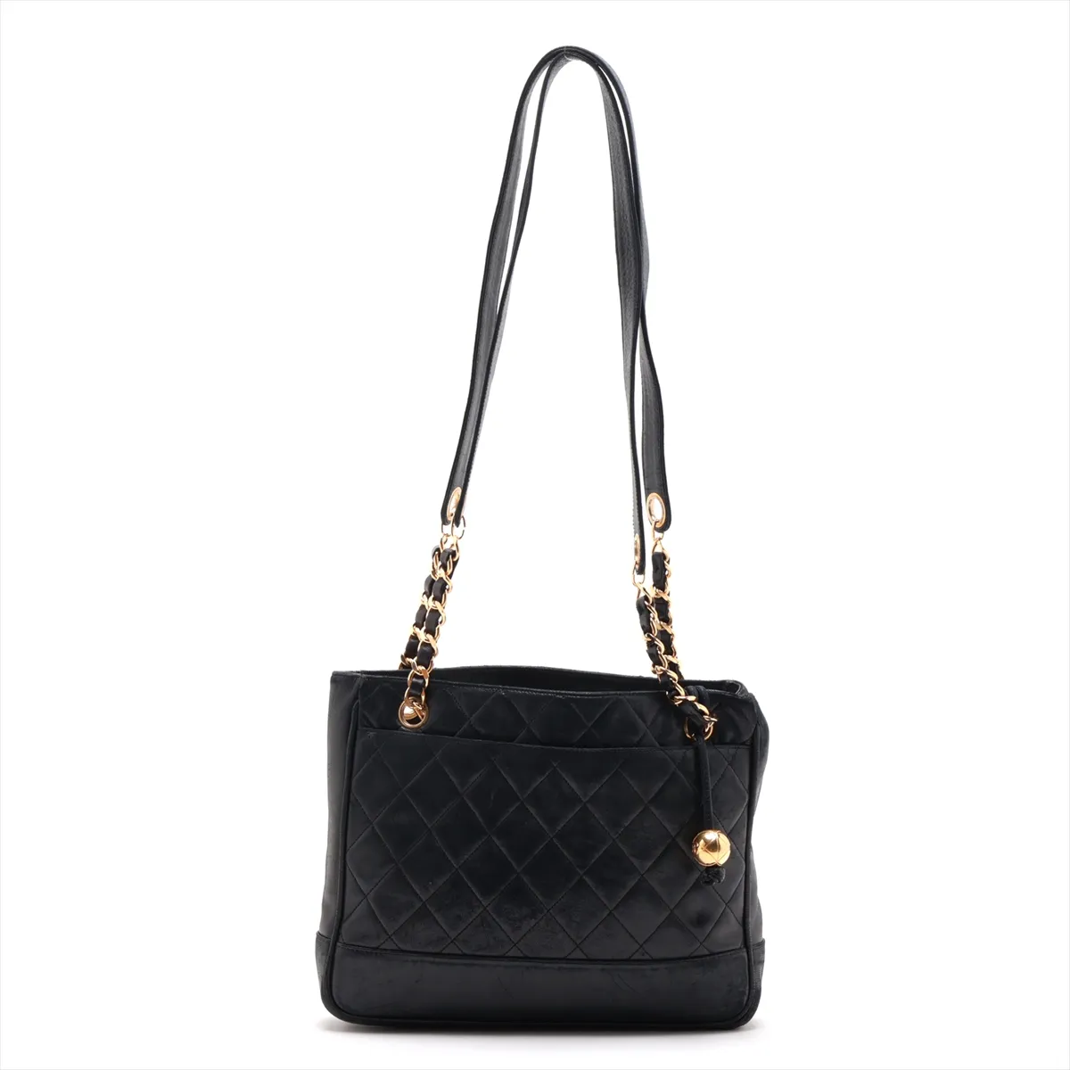 Matelassé Lambskin Chain Shoulder Bag, Black with Gold Hardware — view 2