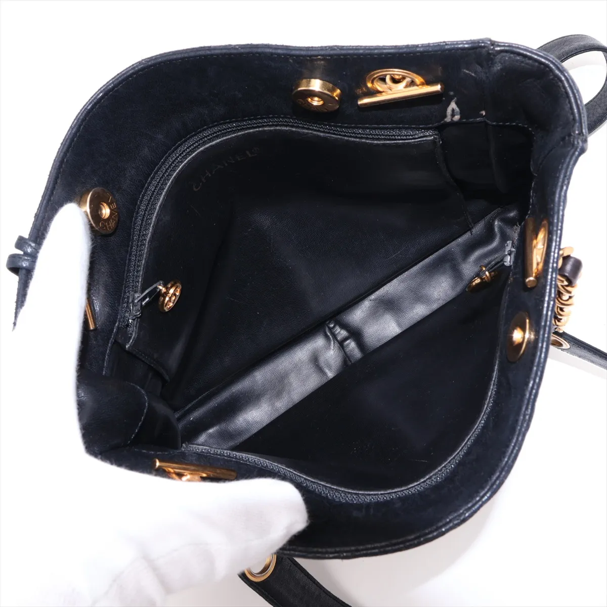 Matelassé Lambskin Chain Shoulder Bag, Black with Gold Hardware — view 6
