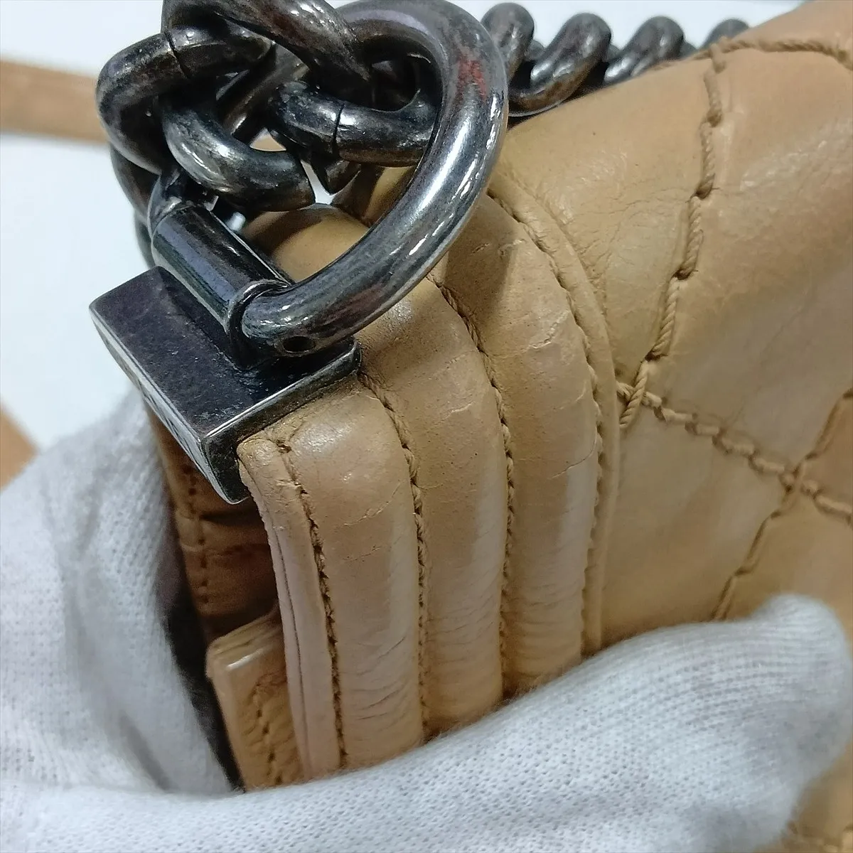 Boy Chanel 25 Leather Chain Shoulder Bag, Wild Stitch, Beige, Gunmetal Hardware, 18688611, Serial Number 18, A67086 — view 10