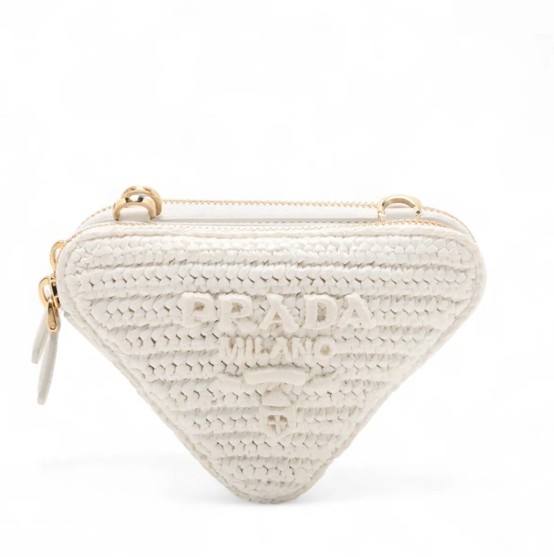 Unused, with box. Sac Triangle raffia x leather 2-way bag, white. — view 2