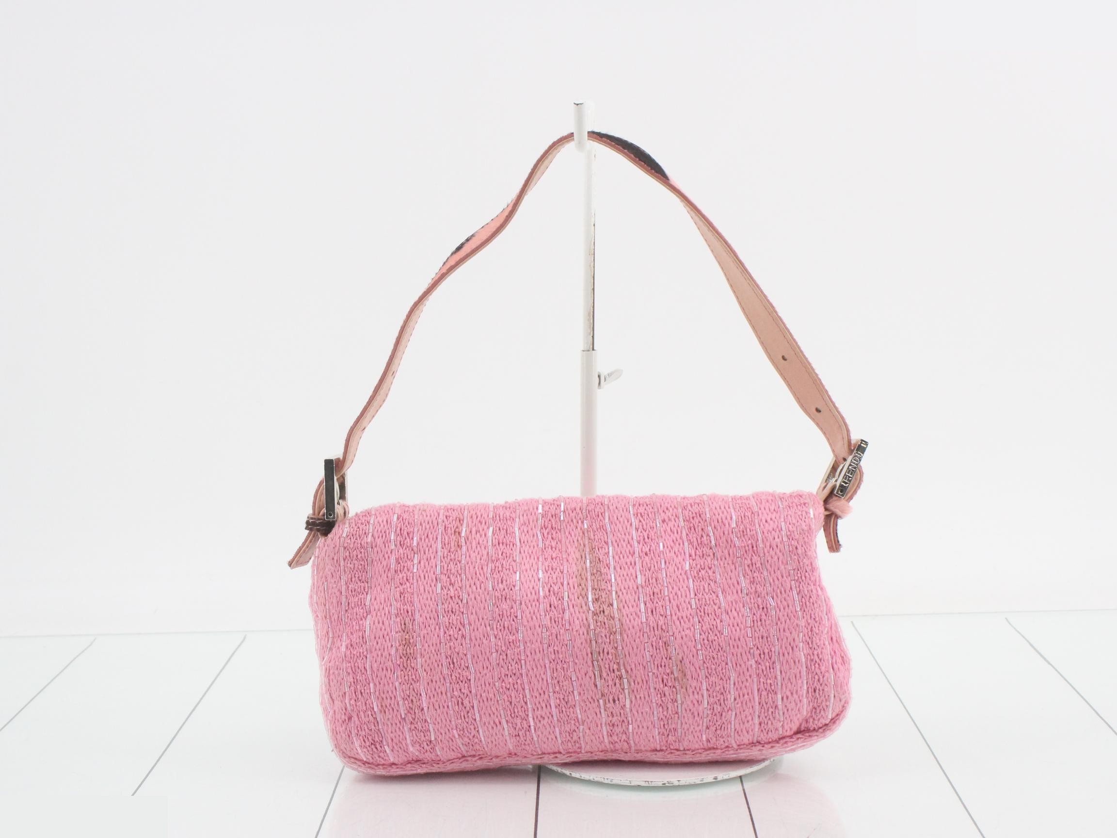 Mamma Bucket Beaded Calf Hair Knit Pink Shoulder Bag