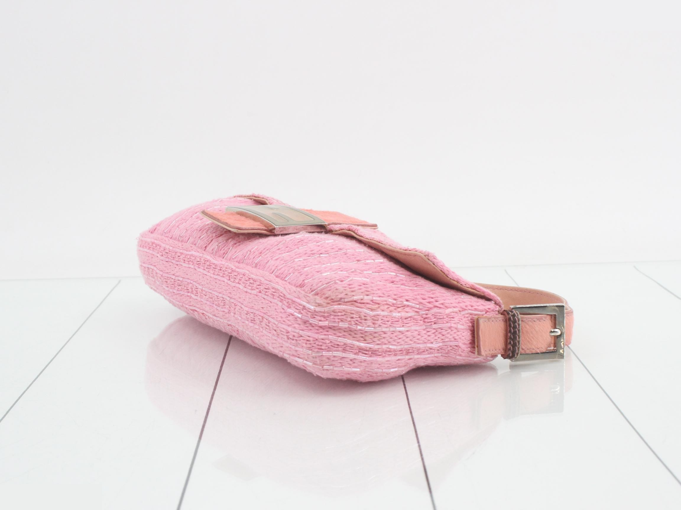 Mamma Bucket Beaded Calf Hair Knit Pink Shoulder Bag — view 5