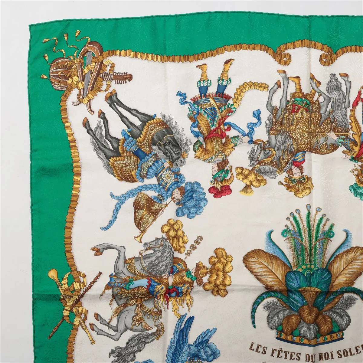 Carre 90 "LES FETES DU ROI SOLEIL" (Celebration of the Sun King) scarf, silk, green. Shows signs of wear, — view 2
