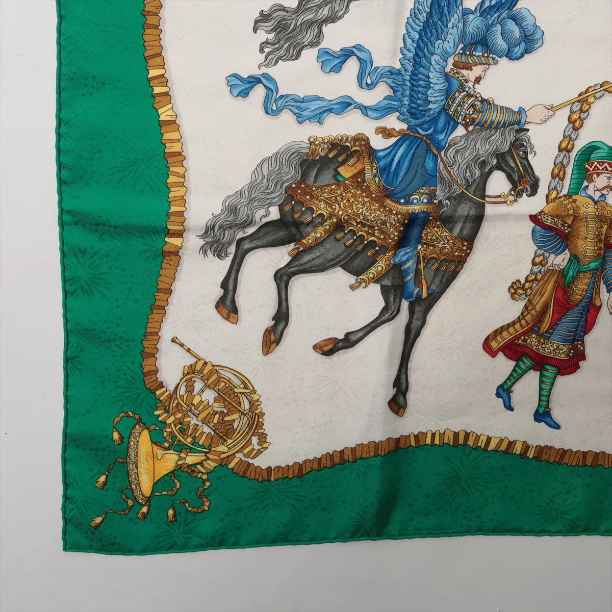 Carre 90 "LES FETES DU ROI SOLEIL" (Celebration of the Sun King) scarf, silk, green. Shows signs of wear, — view 5