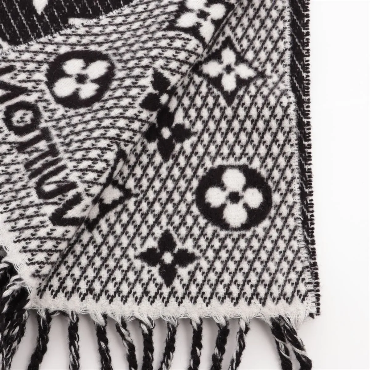 M77406 Echarpe LV Toujours PZ1221 Scarf, Silk x Cashmere, Black x White. Shows signs of wear, — view 2
