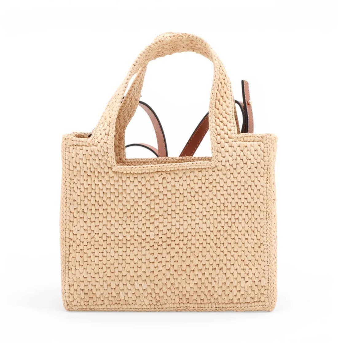 Boxed Font Tote Bag, Raffia x Leather, 2-Way — view 2