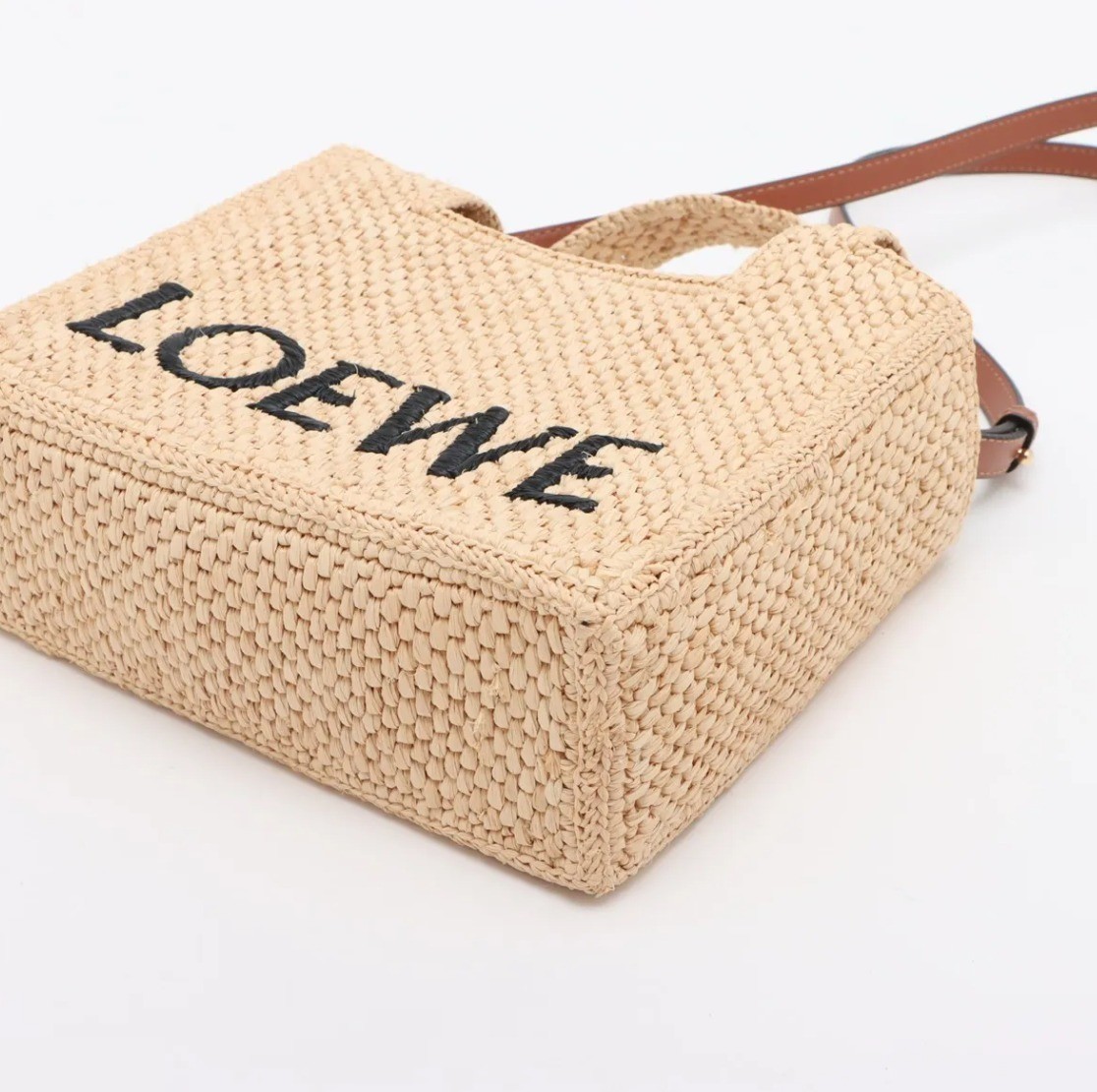 Boxed Font Tote Bag, Raffia x Leather, 2-Way — view 3