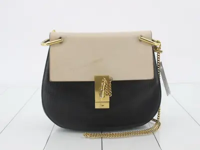 Chain shoulder bag, black and beige leather