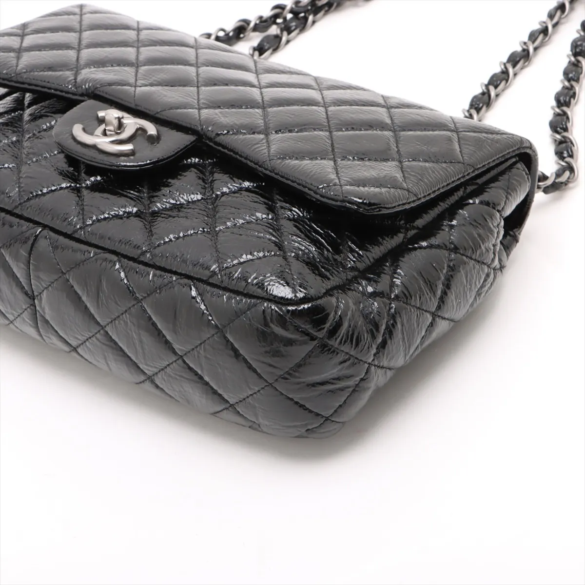 Matelasse patent leather single flap double chain bag black silver hardware 12184339 12th series — view 3
