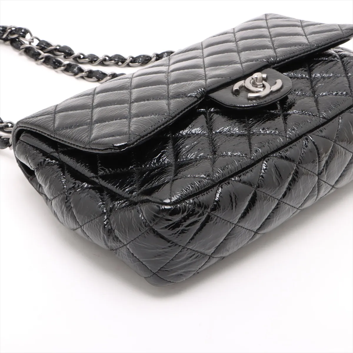 Matelasse patent leather single flap double chain bag black silver hardware 12184339 12th series — view 4