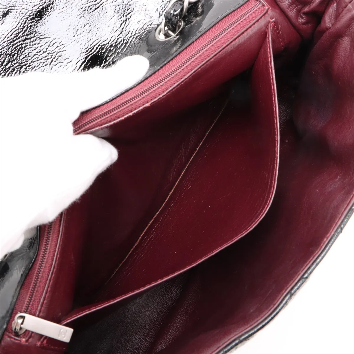 Matelasse patent leather single flap double chain bag black silver hardware 12184339 12th series — view 9
