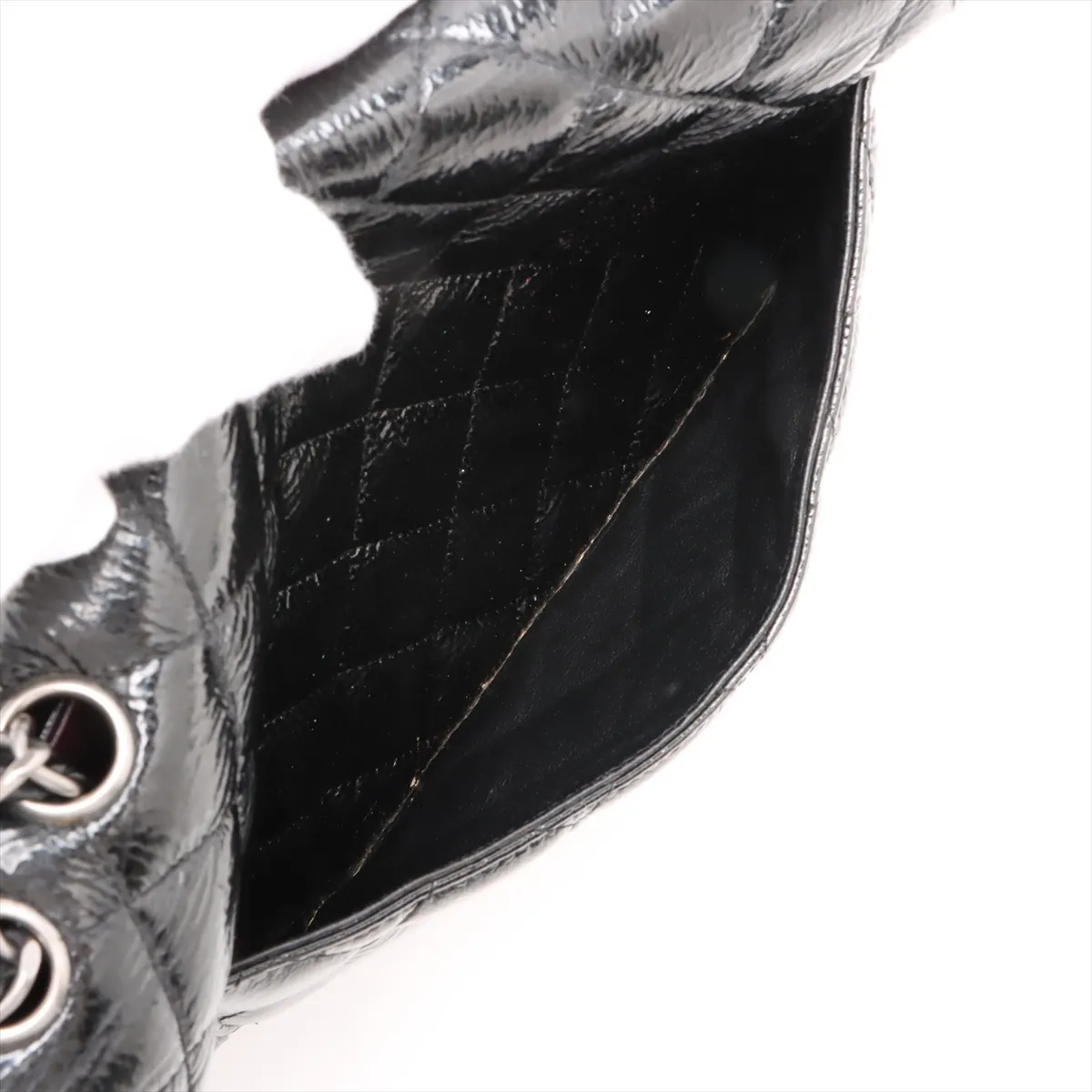 Matelasse patent leather single flap double chain bag black silver hardware 12184339 12th series — view 10