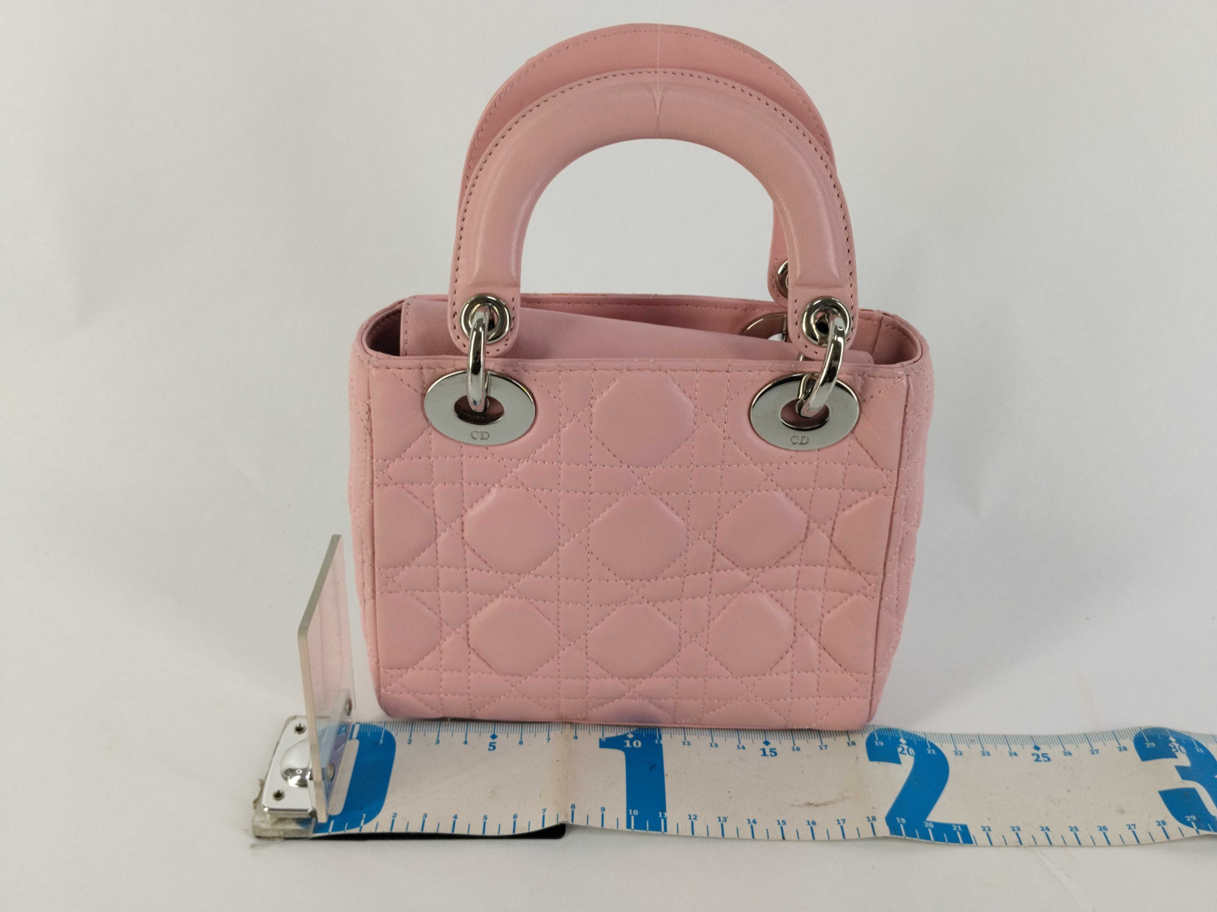 Lady Dior Cannage Mini Leather Handbag in Pink. Accessories: Shoulder strap. — view 2