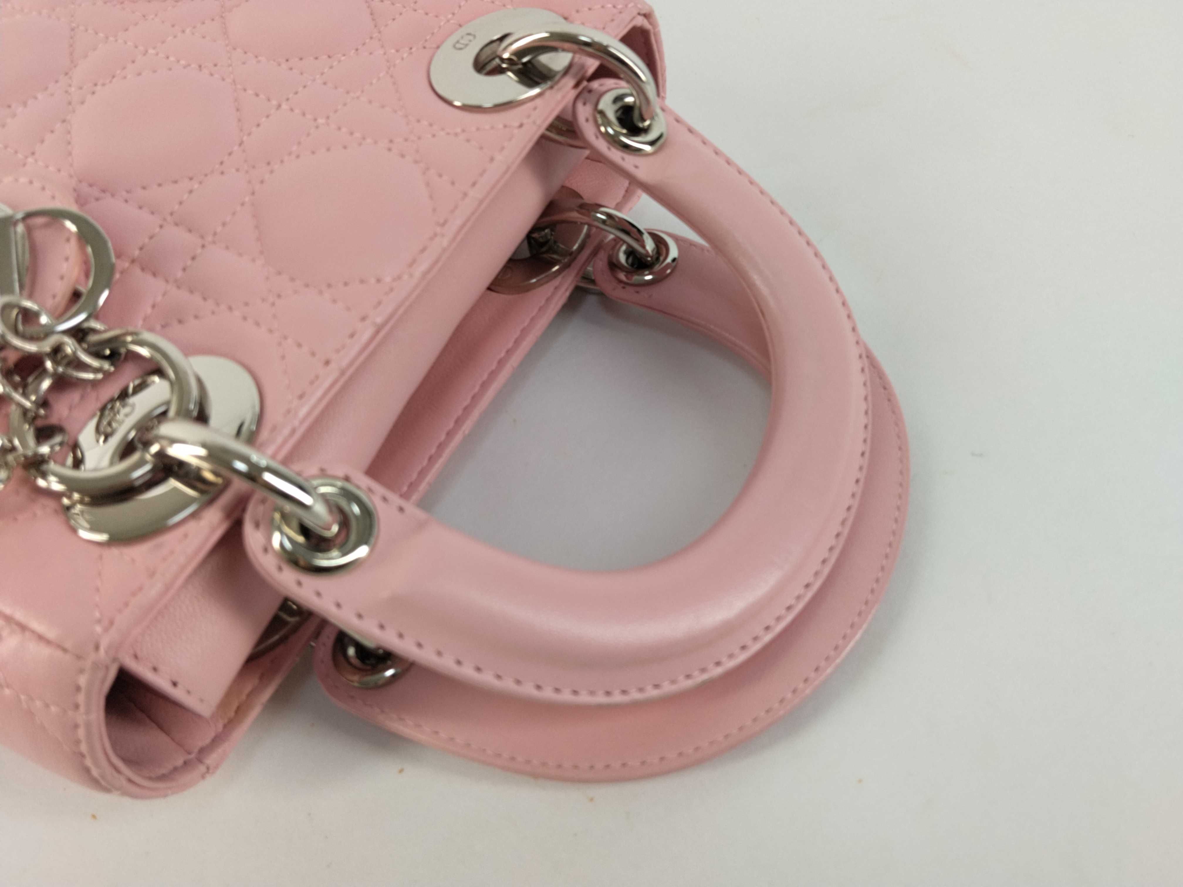 Lady Dior Cannage Mini Leather Handbag in Pink. Accessories: Shoulder strap. — view 3