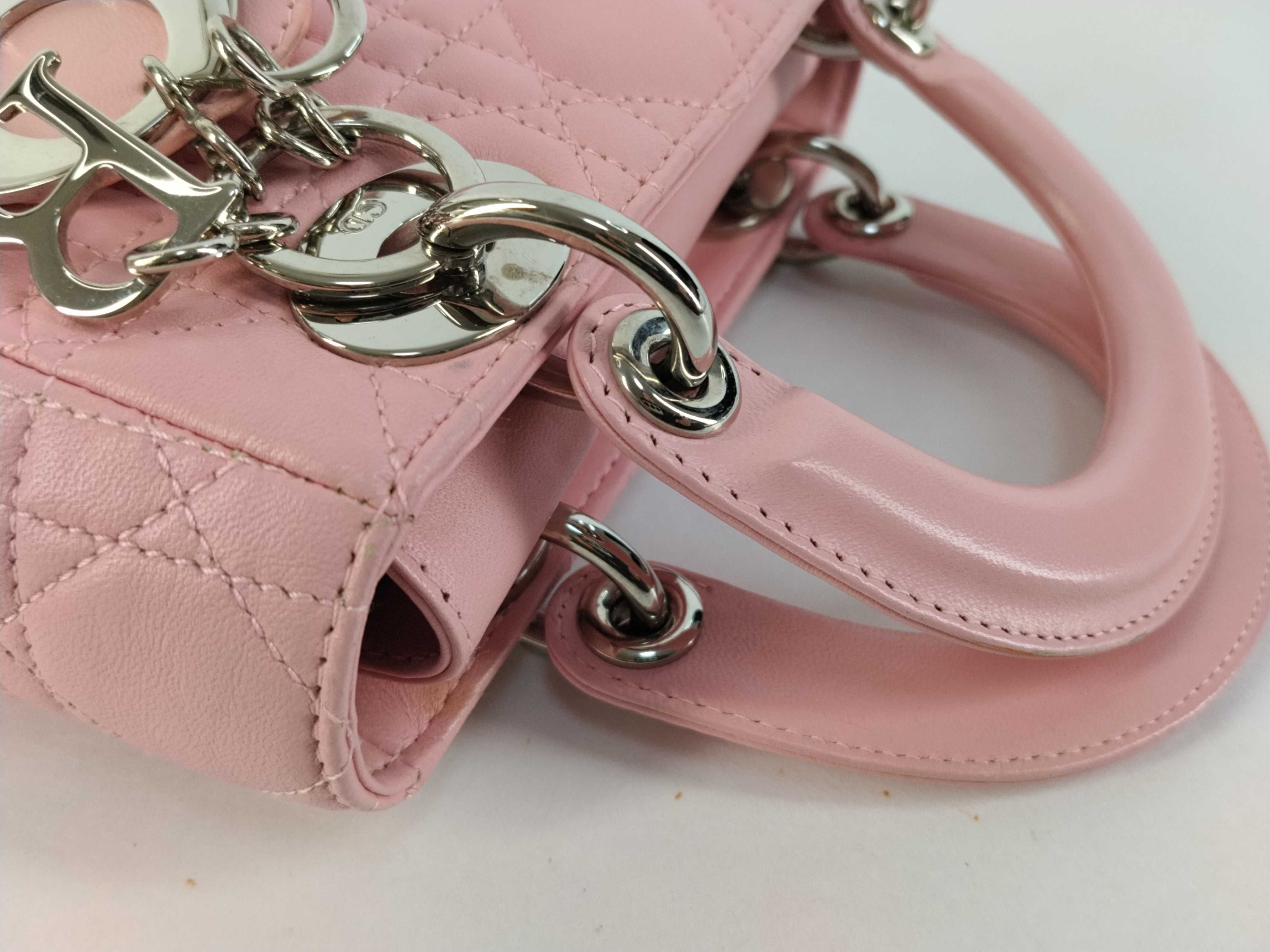 Lady Dior Cannage Mini Leather Handbag in Pink. Accessories: Shoulder strap. — view 5
