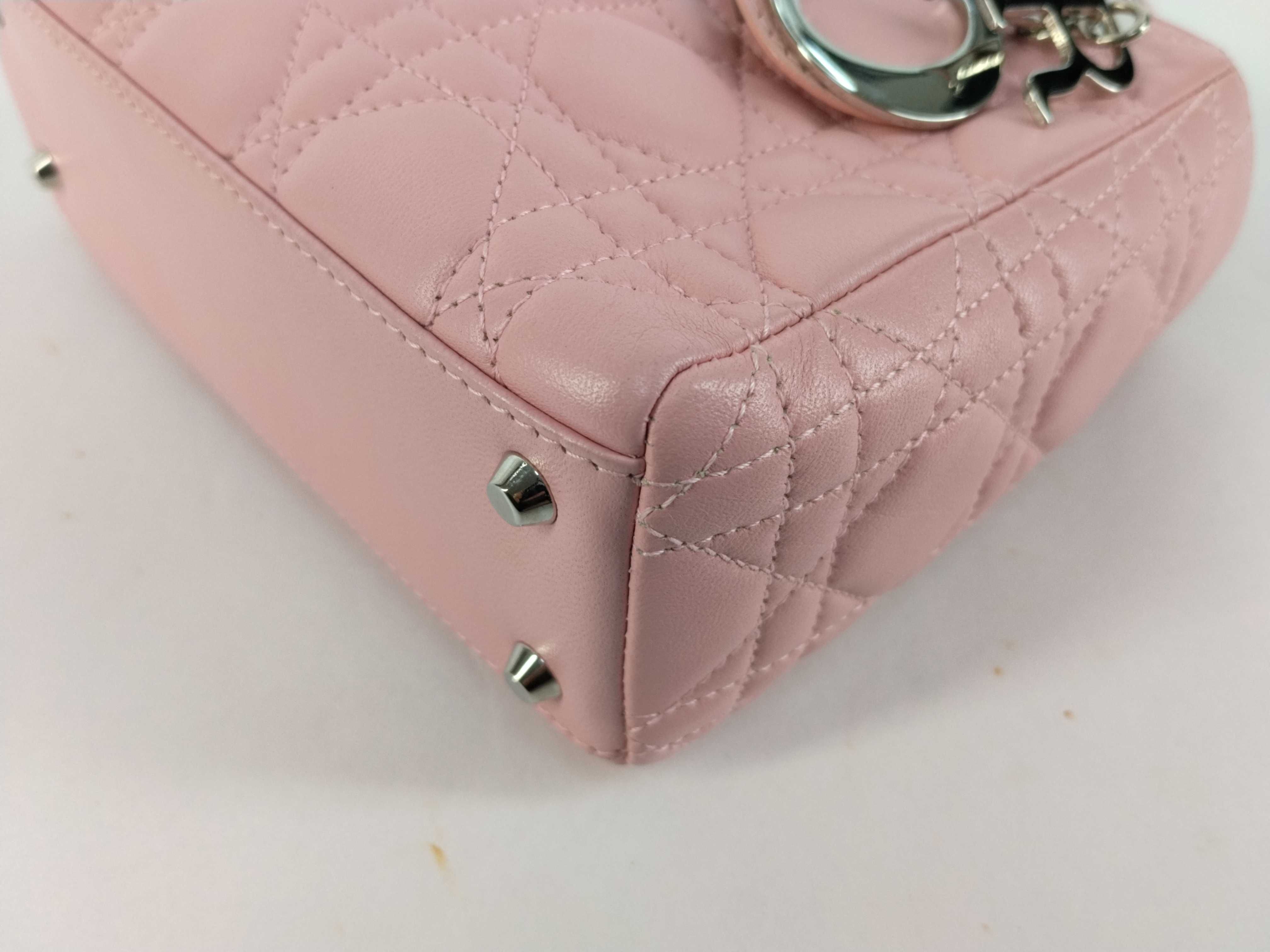 Lady Dior Cannage Mini Leather Handbag in Pink. Accessories: Shoulder strap. — view 6