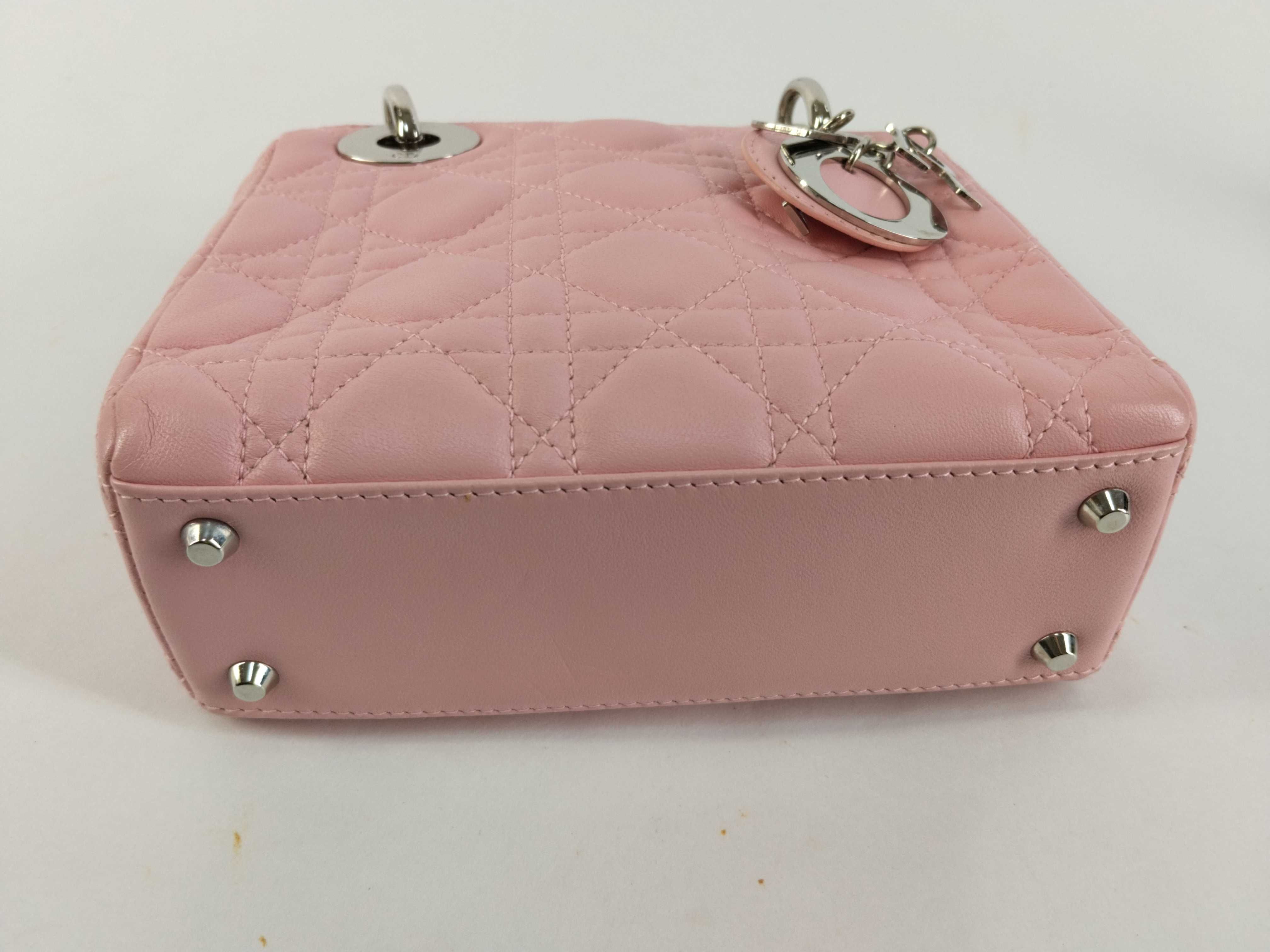 Lady Dior Cannage Mini Leather Handbag in Pink. Accessories: Shoulder strap. — view 7