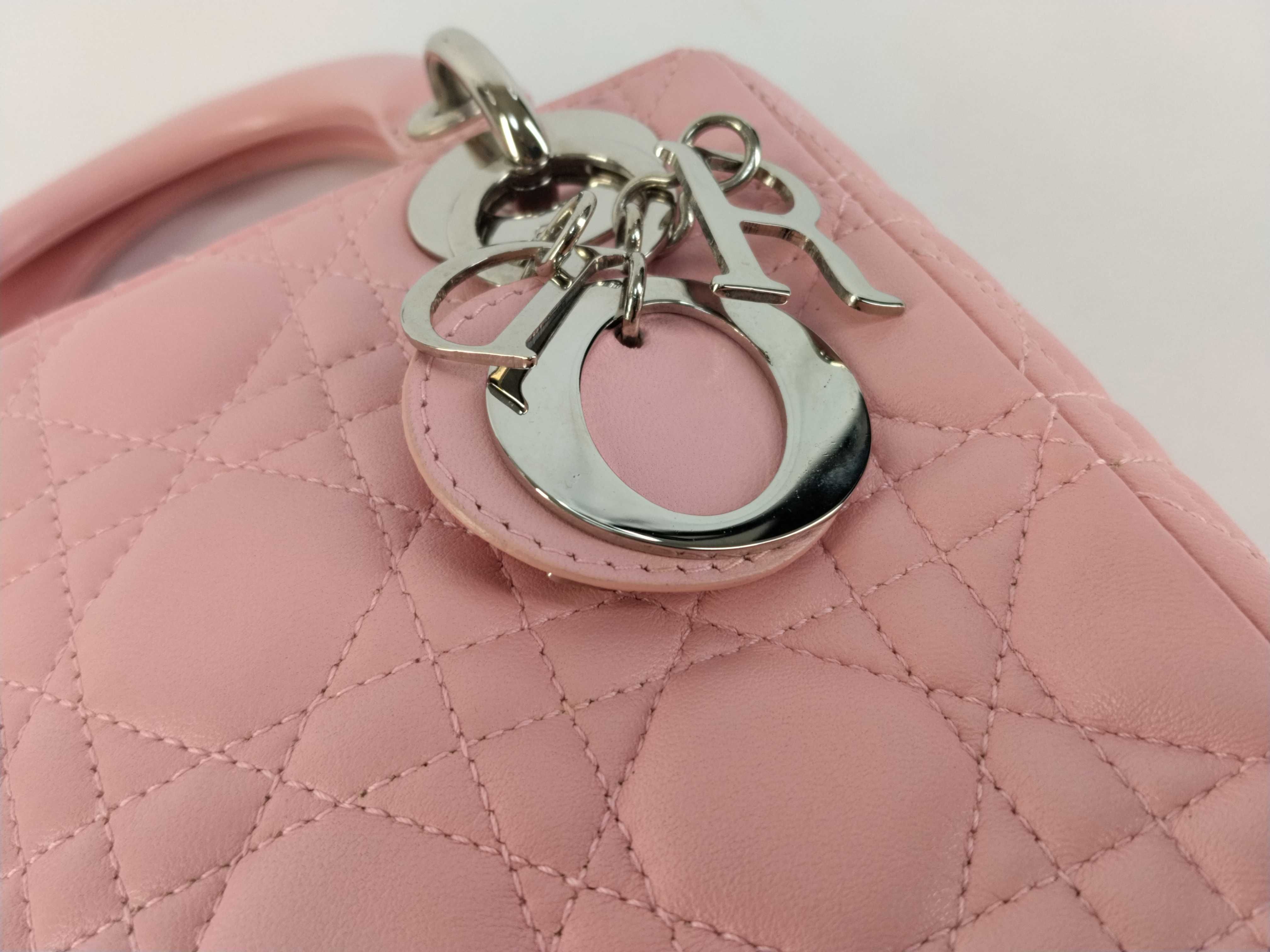 Lady Dior Cannage Mini Leather Handbag in Pink. Accessories: Shoulder strap. — view 8