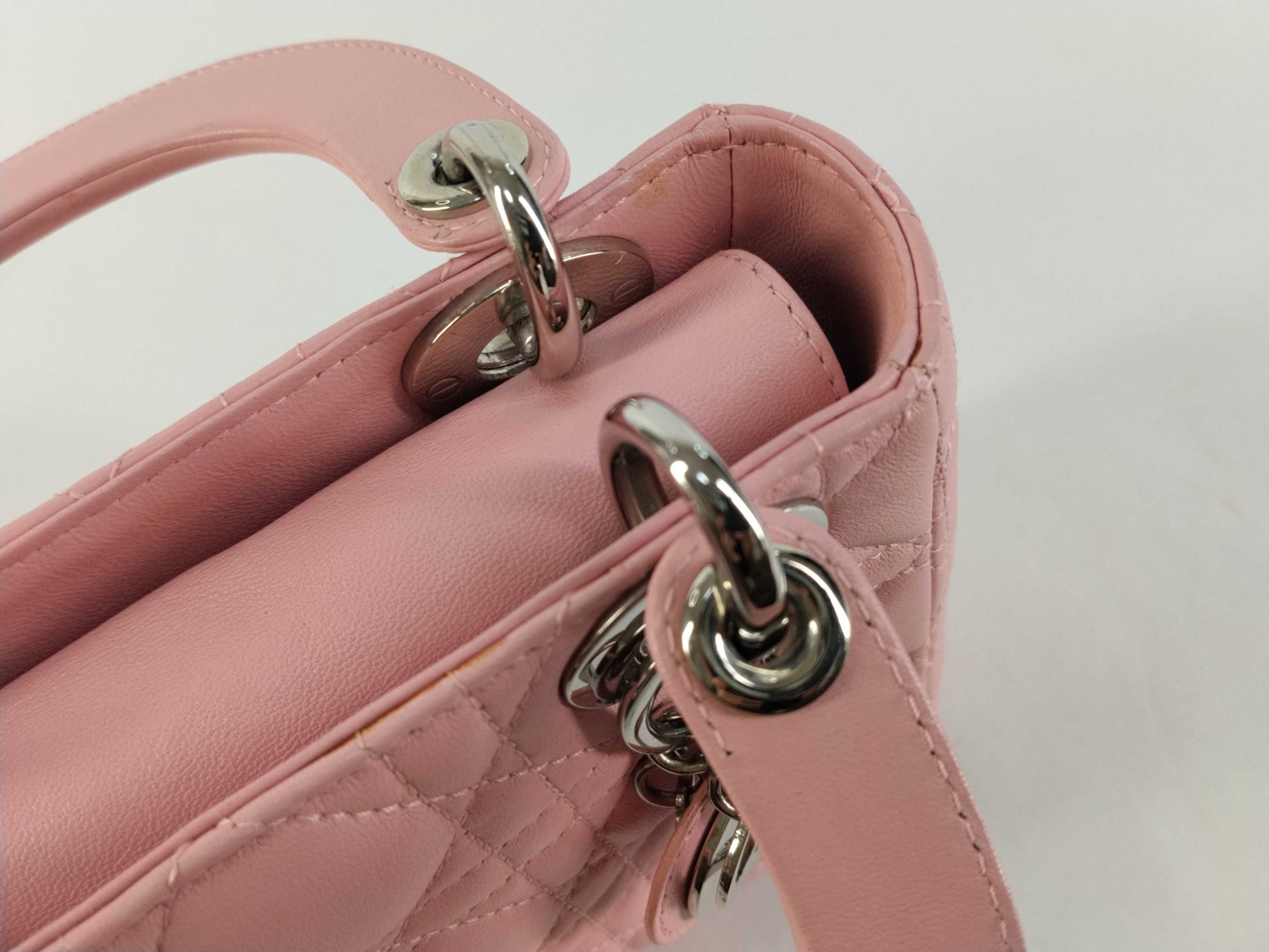 Lady Dior Cannage Mini Leather Handbag in Pink. Accessories: Shoulder strap. — view 9