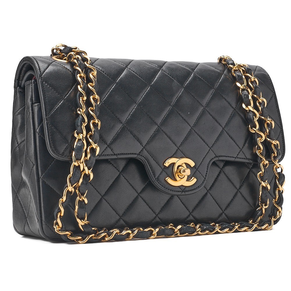 Lambskin Matelassé 23cm Double Flap Chain Shoulder Bag, Black — view 2