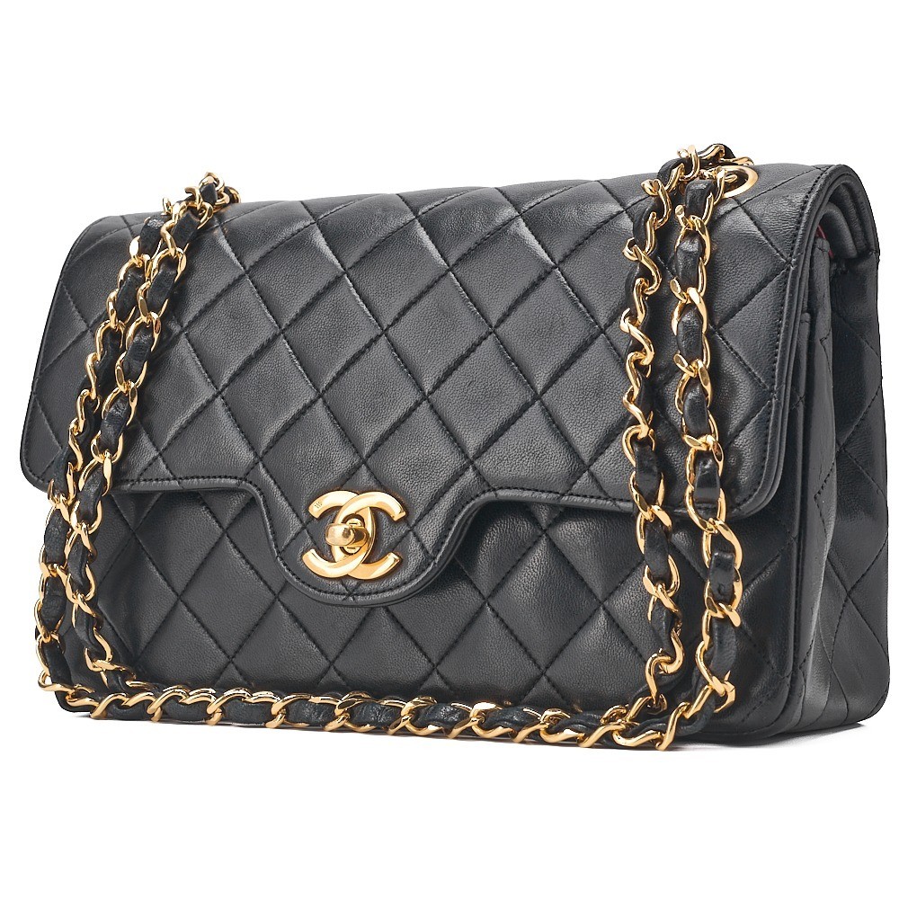 Lambskin Matelassé 23cm Double Flap Chain Shoulder Bag, Black — view 3