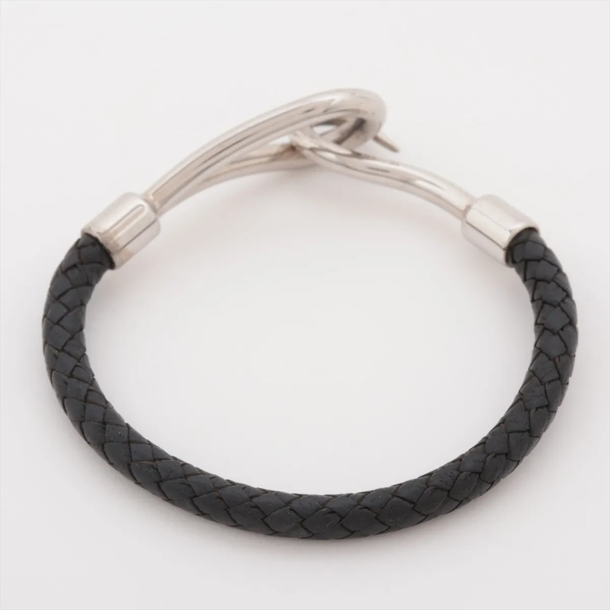 Jumbo Bracelet, Metal x Leather, Silver x Black, — view 2